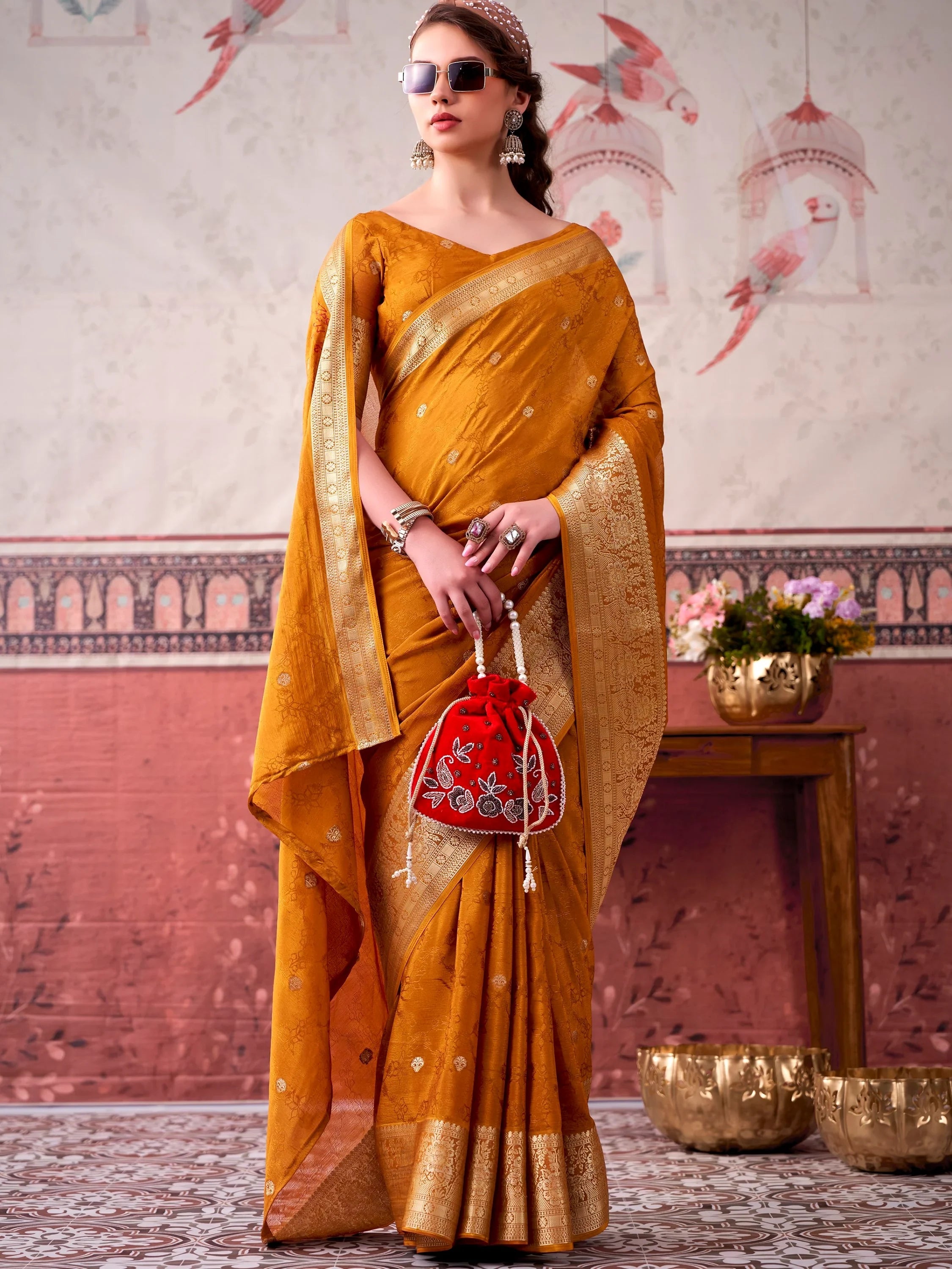 Mustard Admirable Printed Chinon Haldi Wear Saree With Blouse