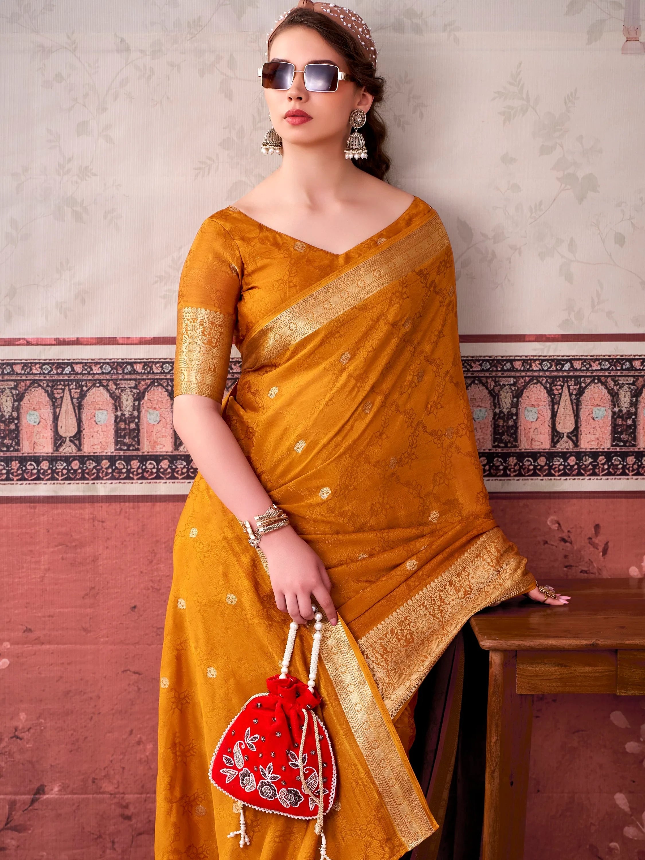 Mustard Admirable Printed Chinon Haldi Wear Saree With Blouse