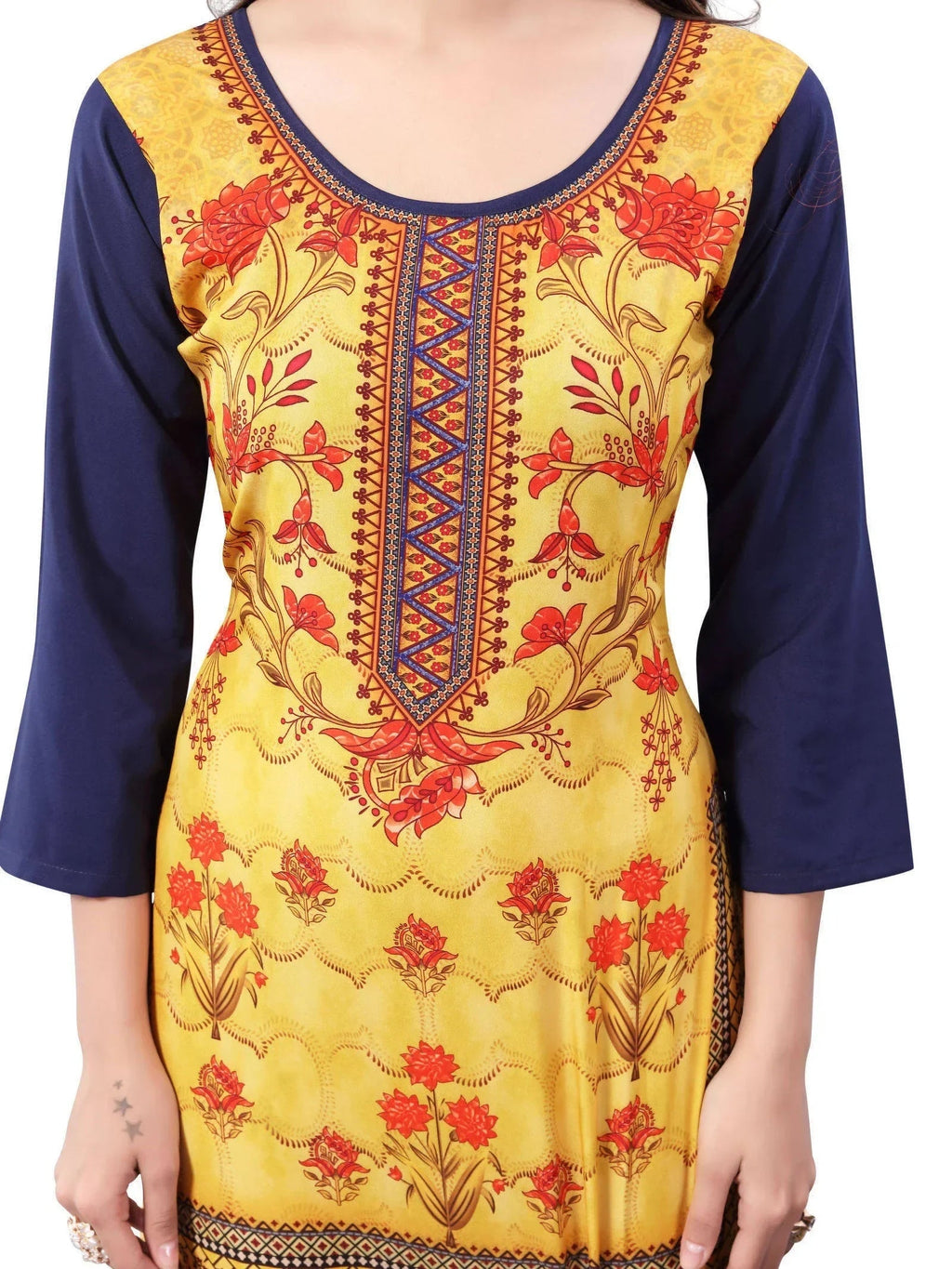 Yellow-Navy Blue Digital Floral Printed Crepe Readymade Kurti