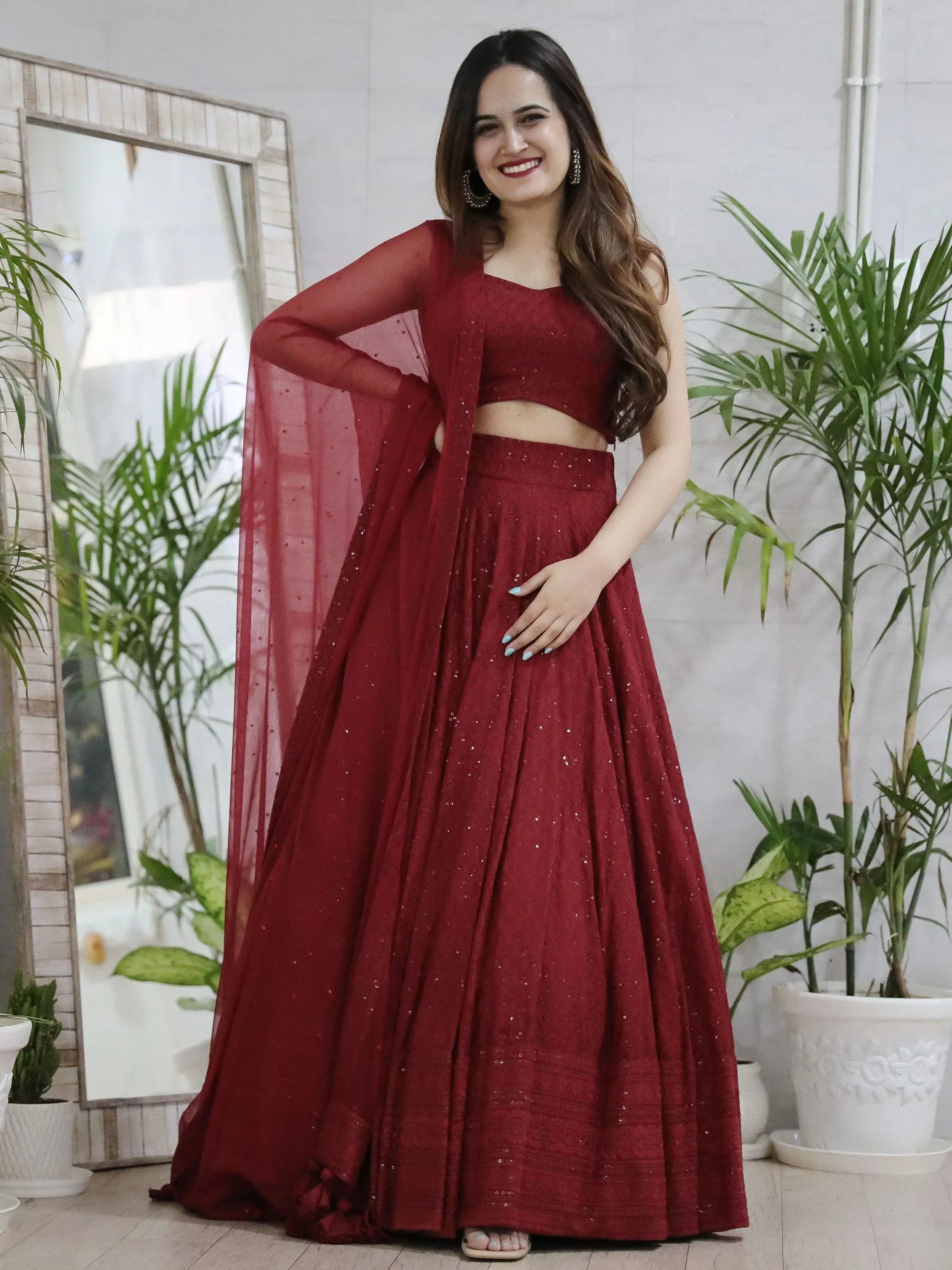 Maroon Sweet Sequins Georgette Reception Wear Lehenga Choli