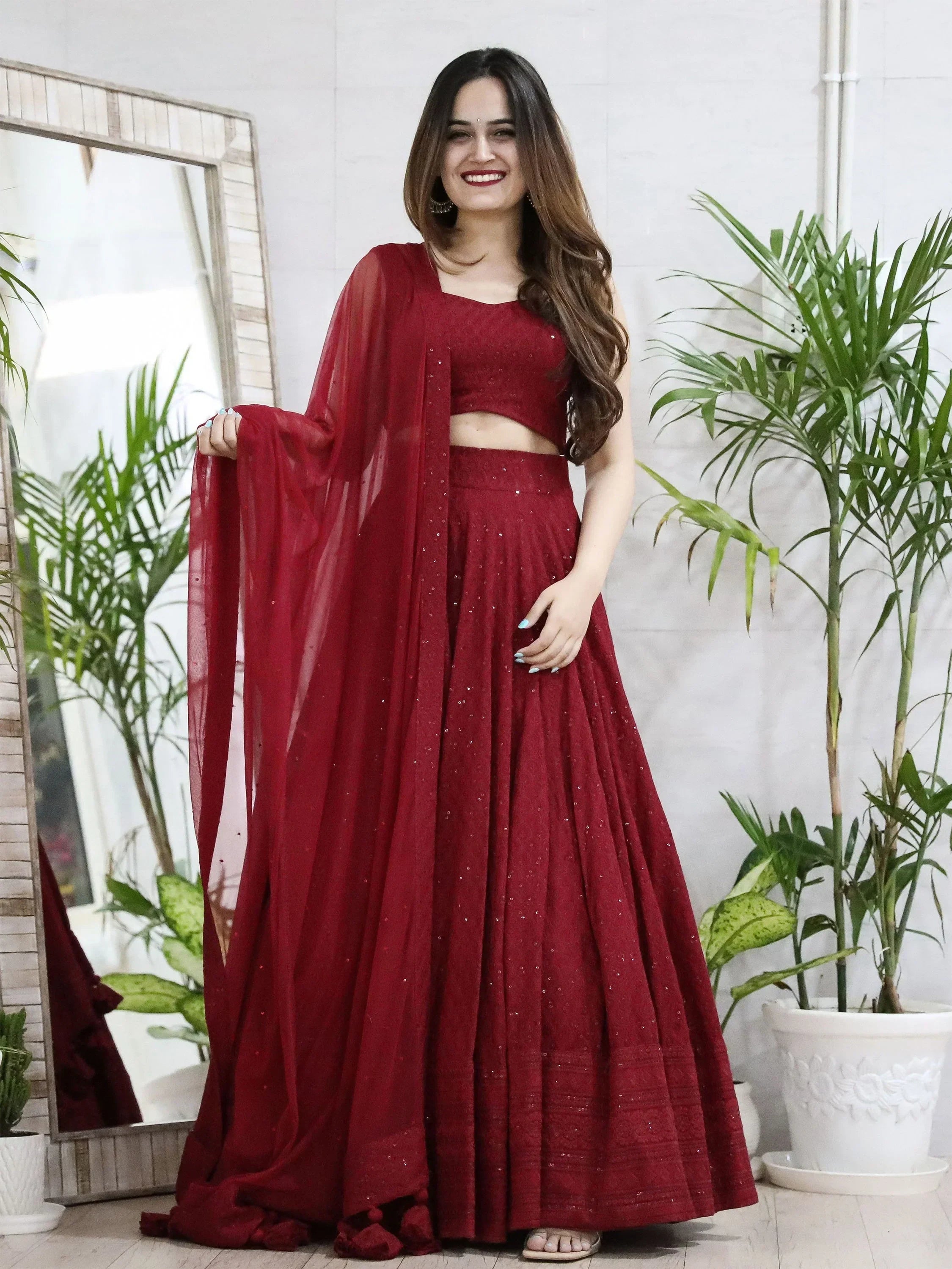 Maroon Sweet Sequins Georgette Reception Wear Lehenga Choli