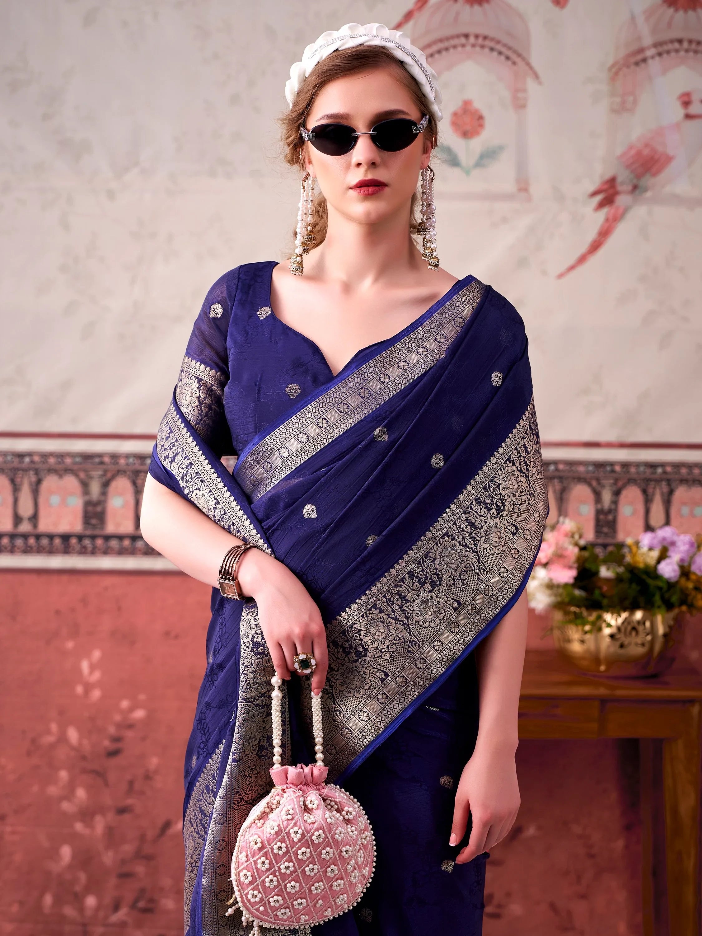 Navy Admirable Printed Chinon Haldi Wear Saree With Blouse