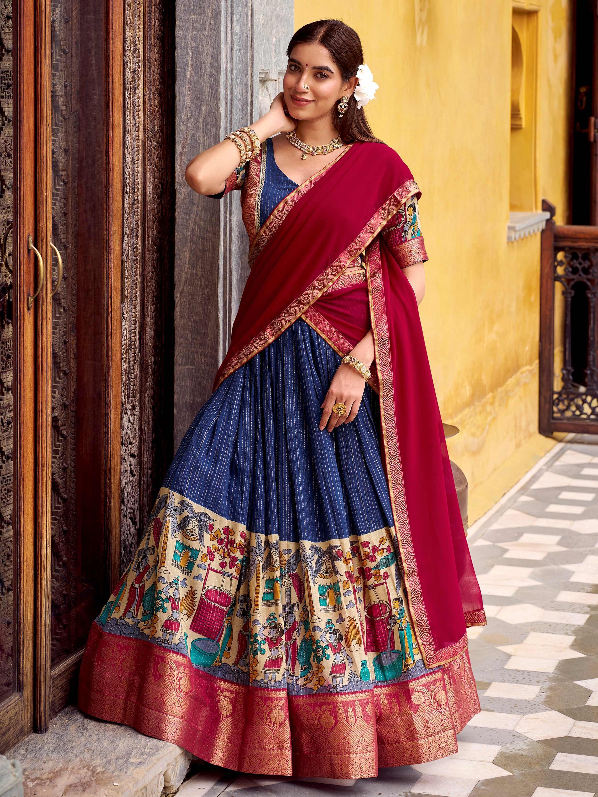 Navy Desirable Chanderi Silk Kalamkari Printed Half Saree Lehenga