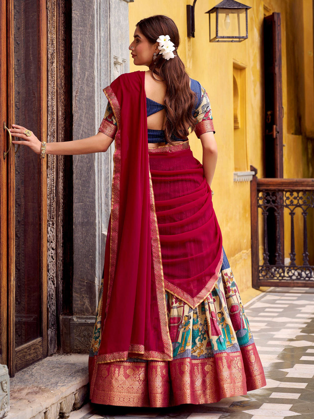 Navy Desirable Chanderi Silk Kalamkari Printed Half Saree Lehenga
