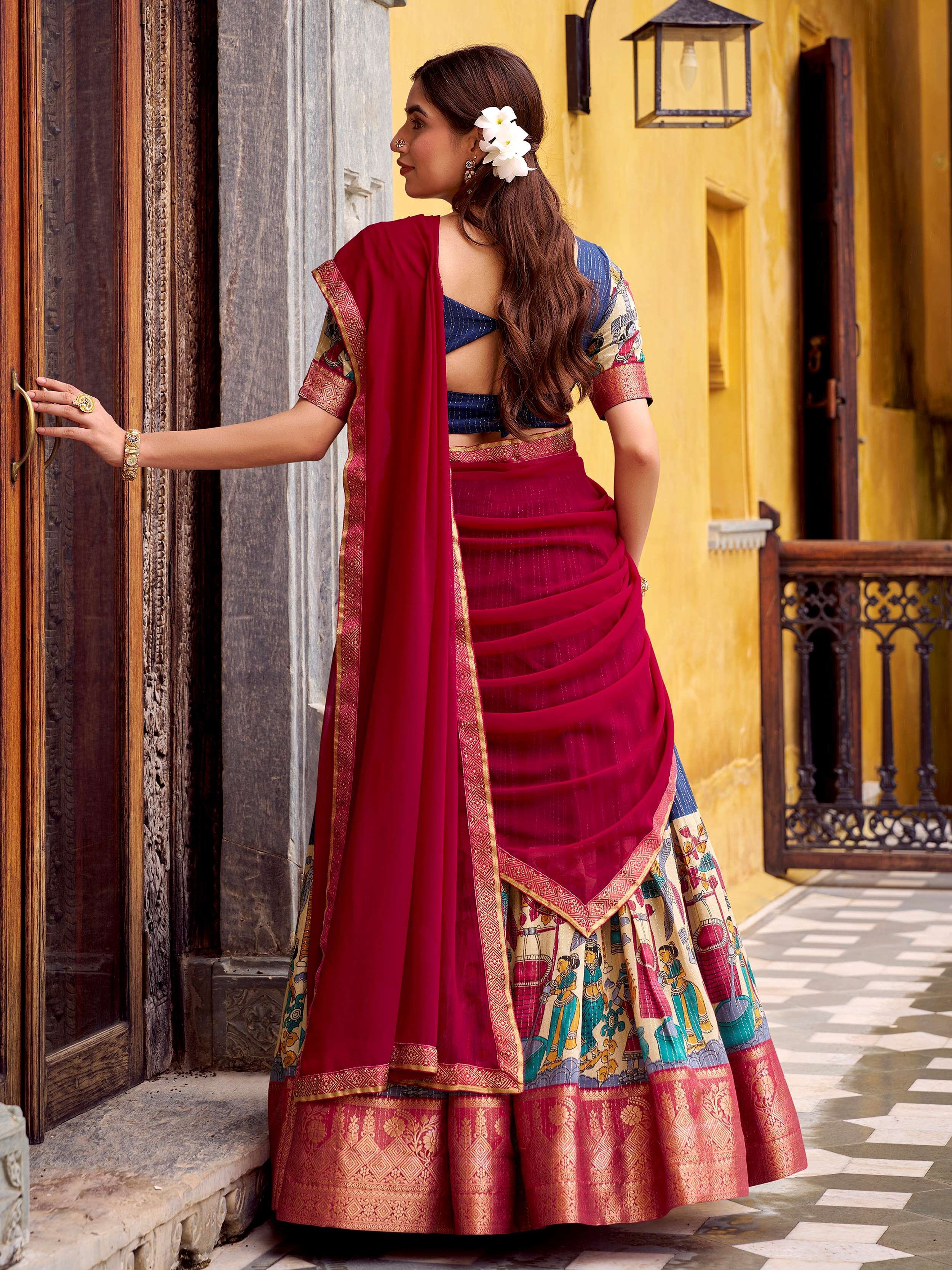 Navy Desirable Chanderi Silk Kalamkari Printed Half Saree Lehenga