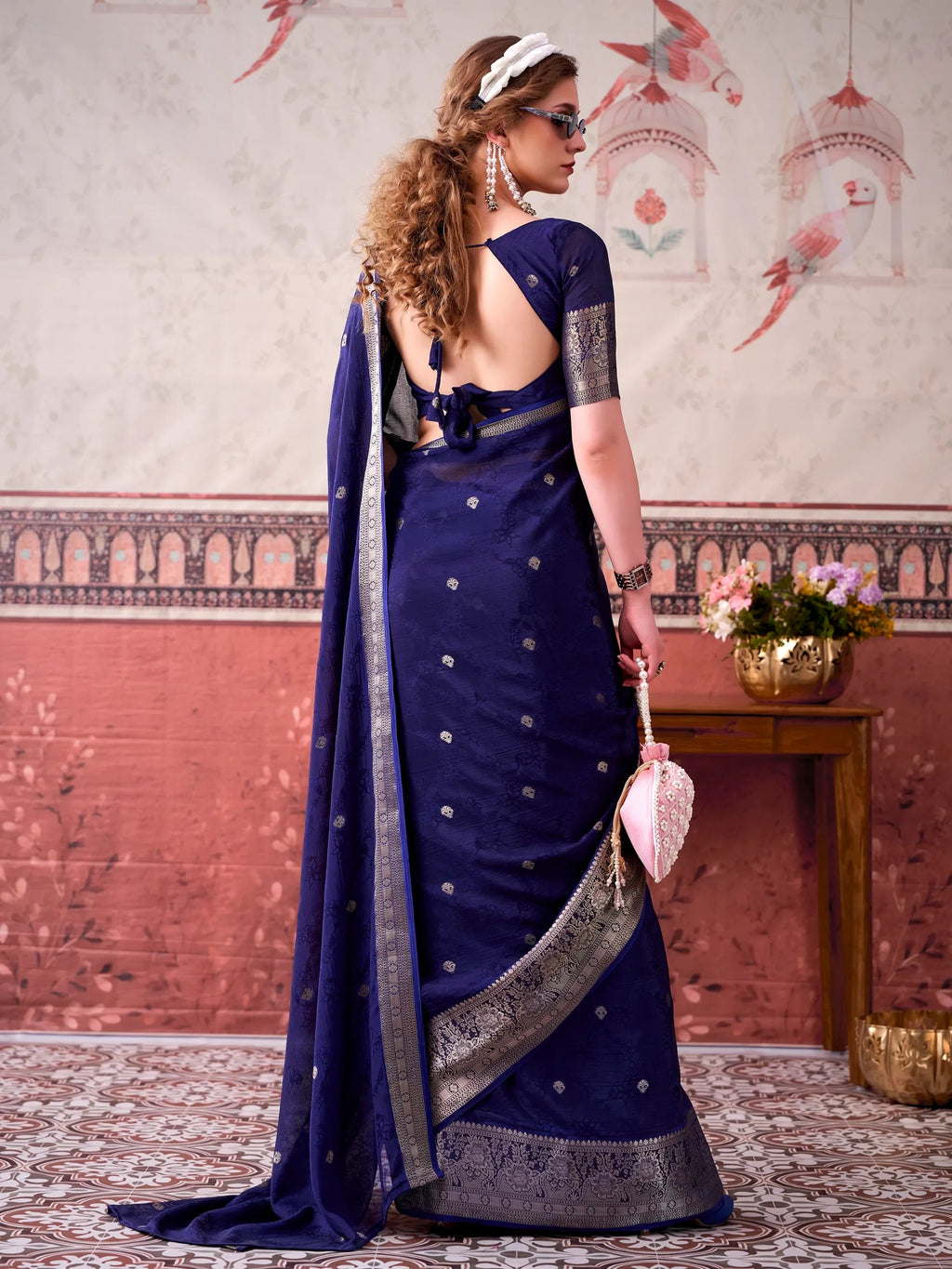 Navy Admirable Printed Chinon Haldi Wear Saree With Blouse