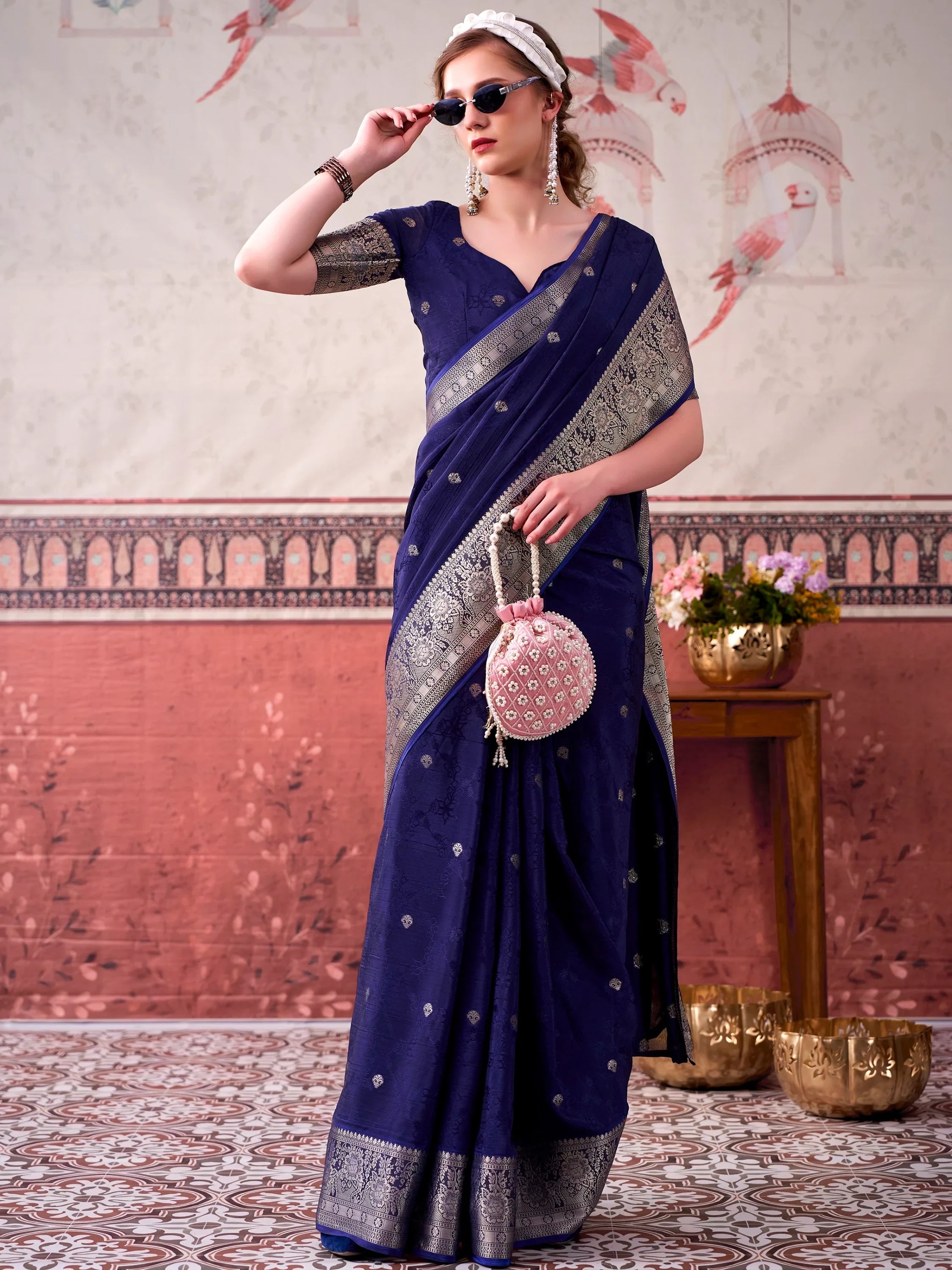 Navy Admirable Printed Chinon Haldi Wear Saree With Blouse