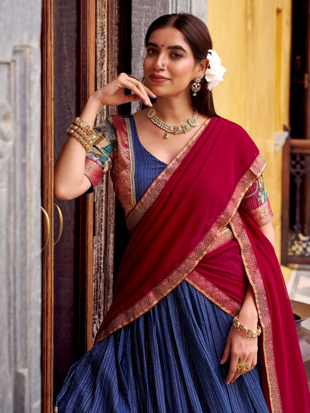 Navy Desirable Chanderi Silk Kalamkari Printed Half Saree Lehenga