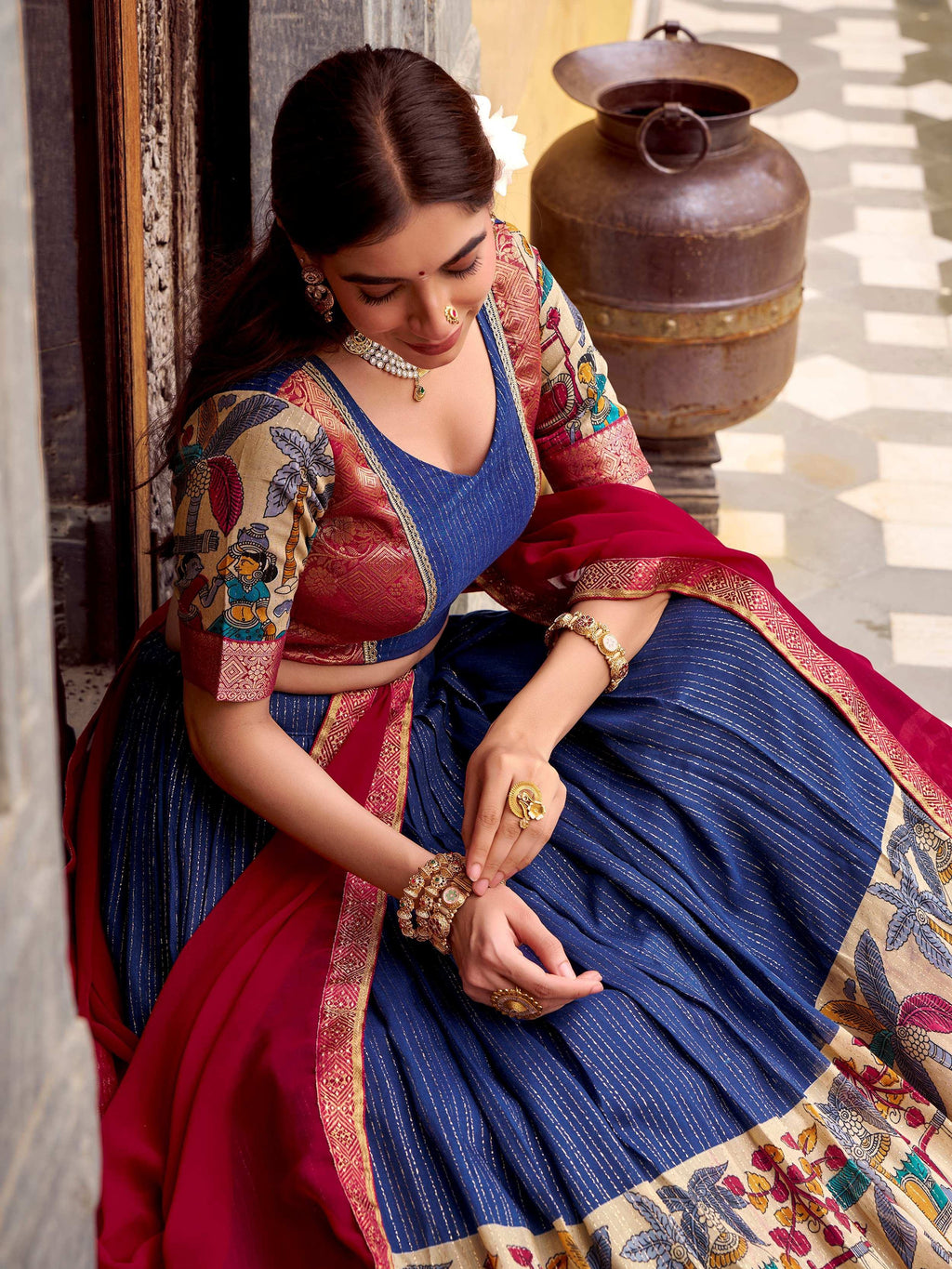 Navy Desirable Chanderi Silk Kalamkari Printed Half Saree Lehenga