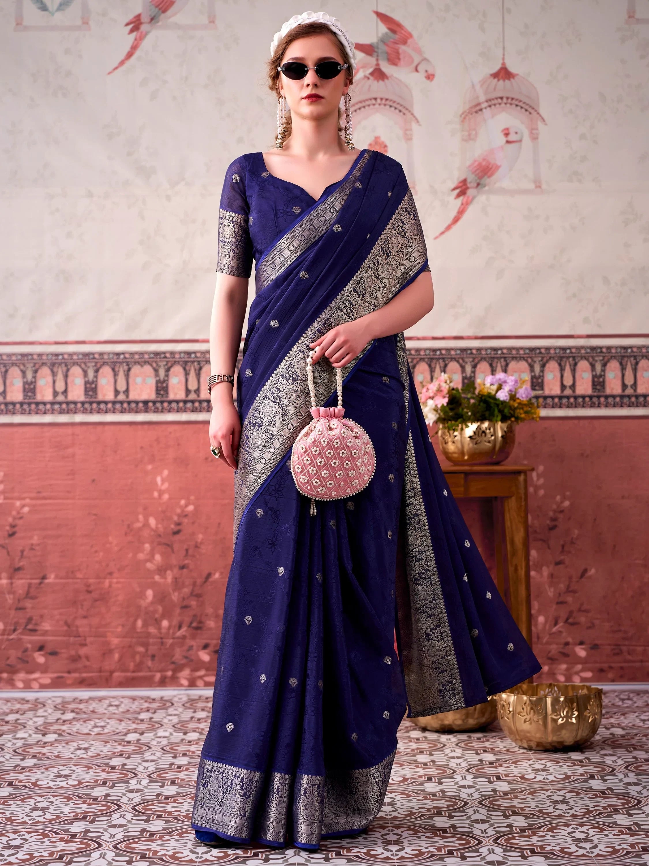Navy Admirable Printed Chinon Haldi Wear Saree With Blouse