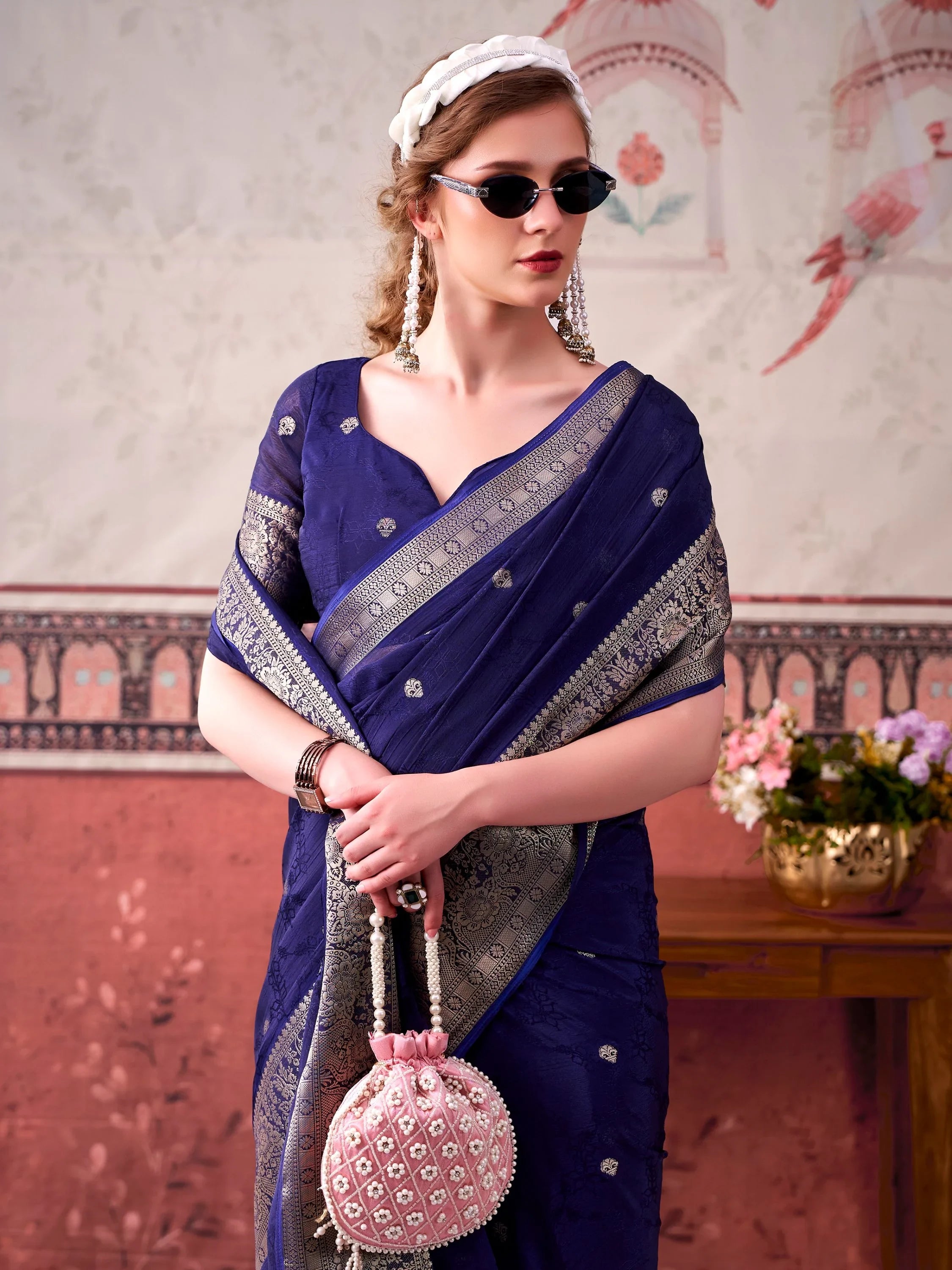 Navy Admirable Printed Chinon Haldi Wear Saree With Blouse