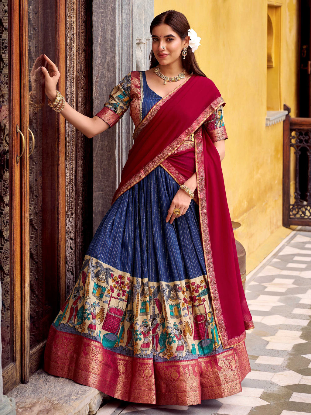 Navy Desirable Chanderi Silk Kalamkari Printed Half Saree Lehenga