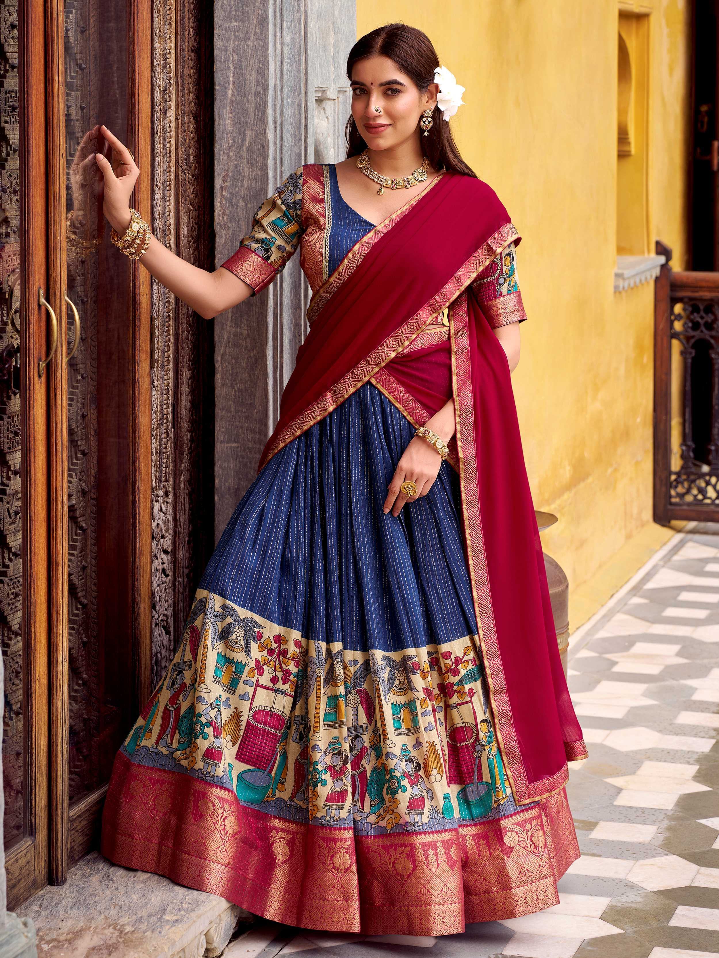 Navy Desirable Chanderi Silk Kalamkari Printed Half Saree Lehenga