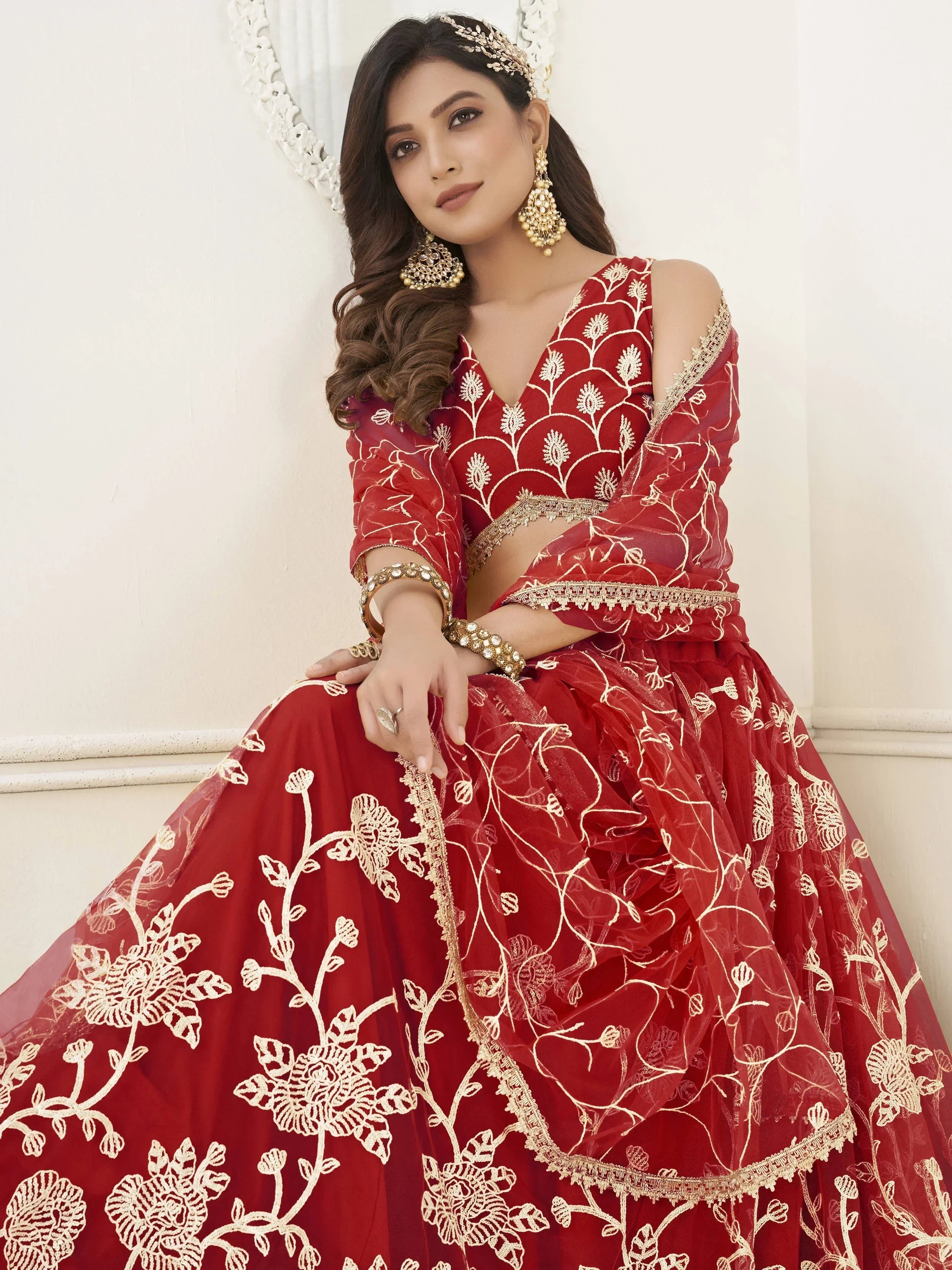 Red Appealing Embroidered Net Haldi Wear Lehenga Choli