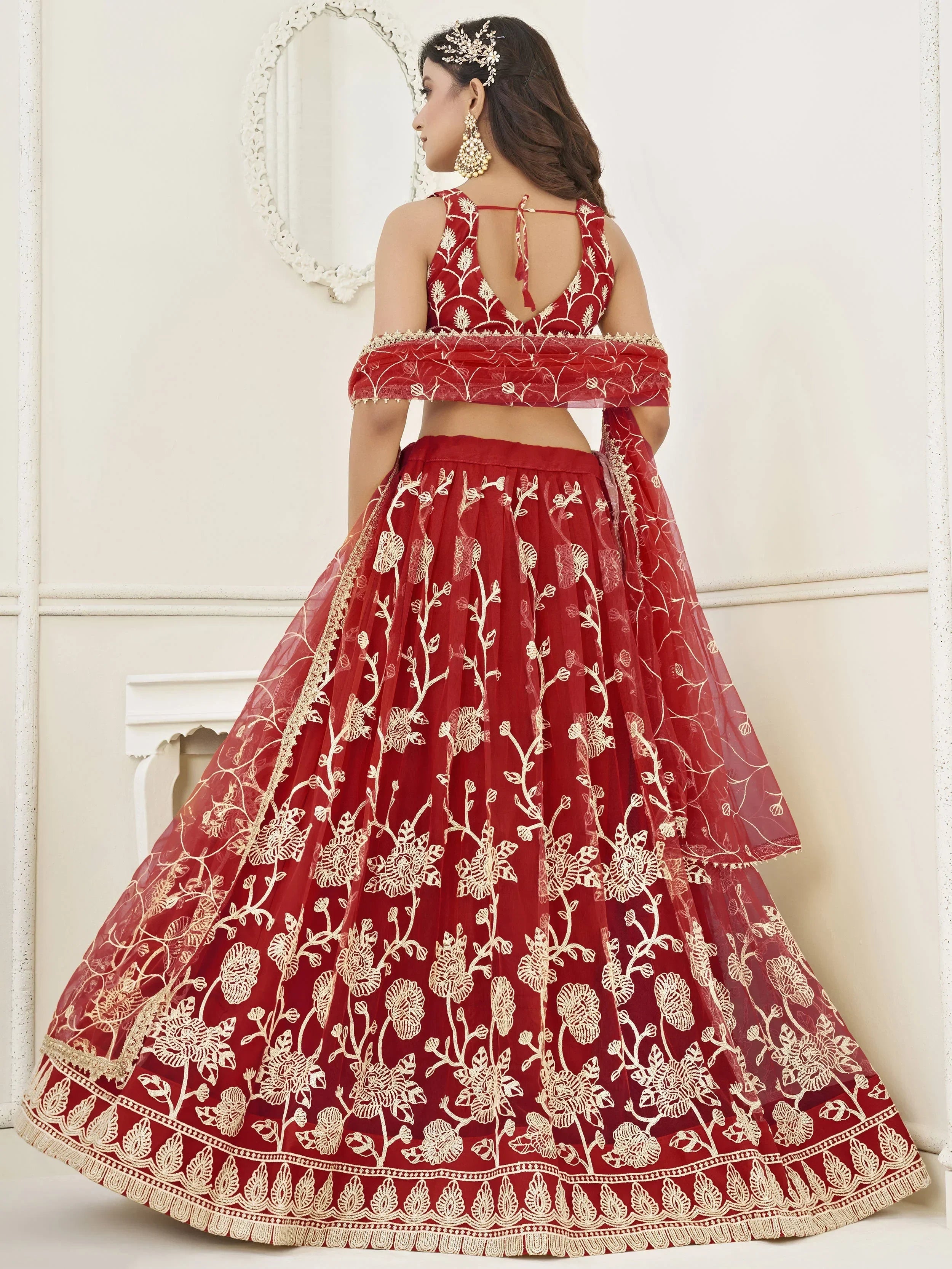 Red Appealing Embroidered Net Haldi Wear Lehenga Choli