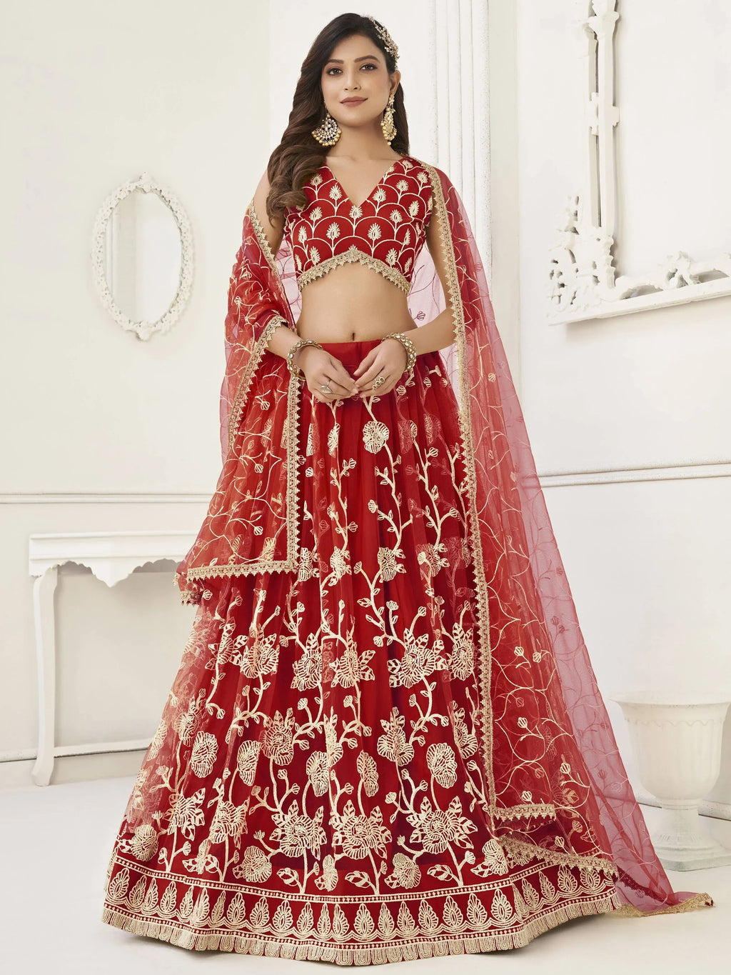 Red Appealing Embroidered Net Haldi Wear Lehenga Choli