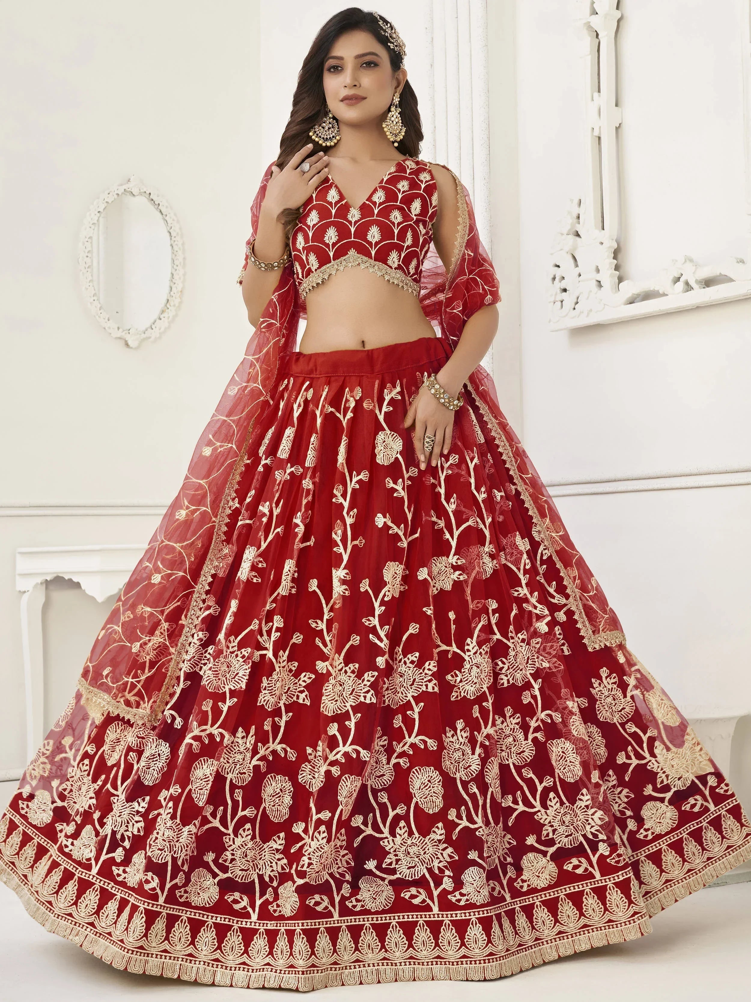 Red Appealing Embroidered Net Haldi Wear Lehenga Choli
