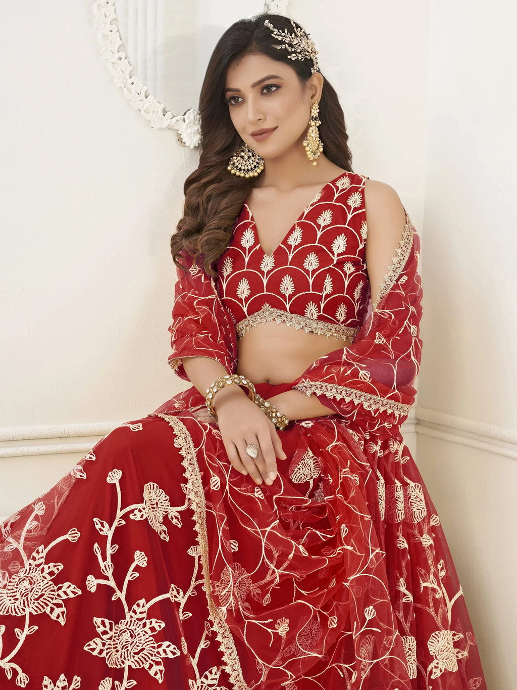 Red Appealing Embroidered Net Haldi Wear Lehenga Choli