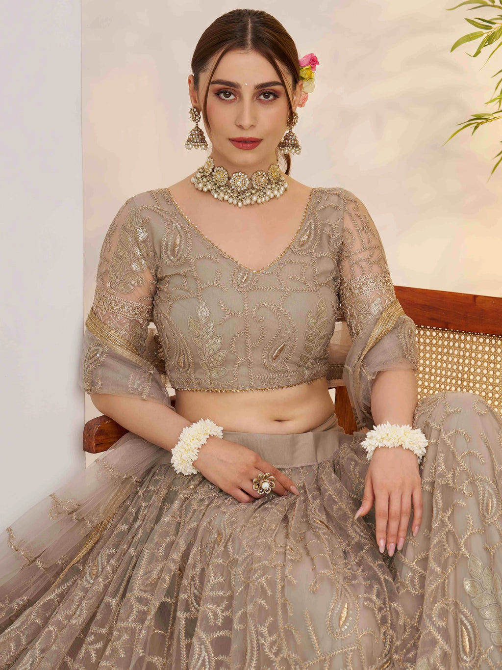 Gleaming Gray Sequins Net Bridesmaid Lehenga Choli With Dupatta