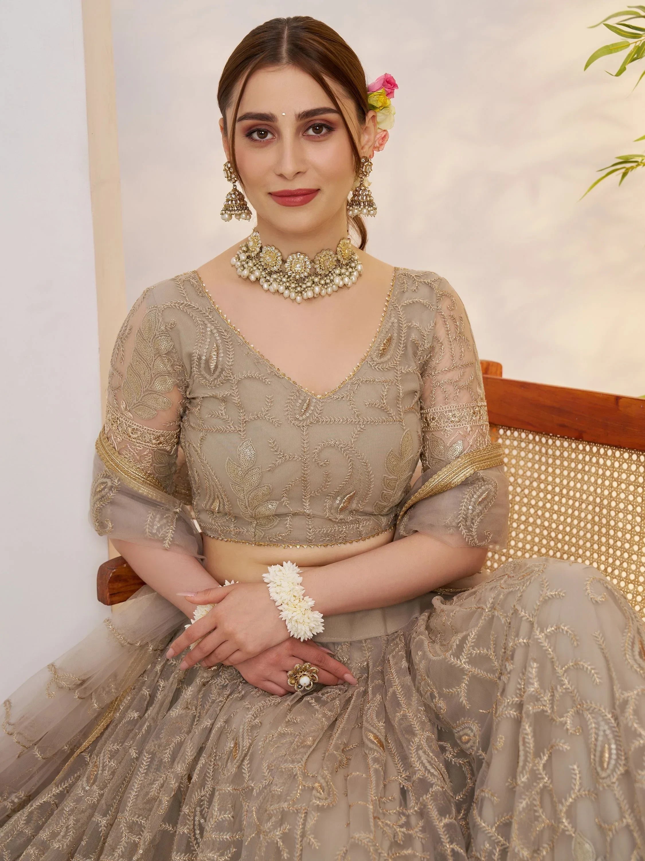 Gleaming Gray Sequins Net Bridesmaid Lehenga Choli With Dupatta