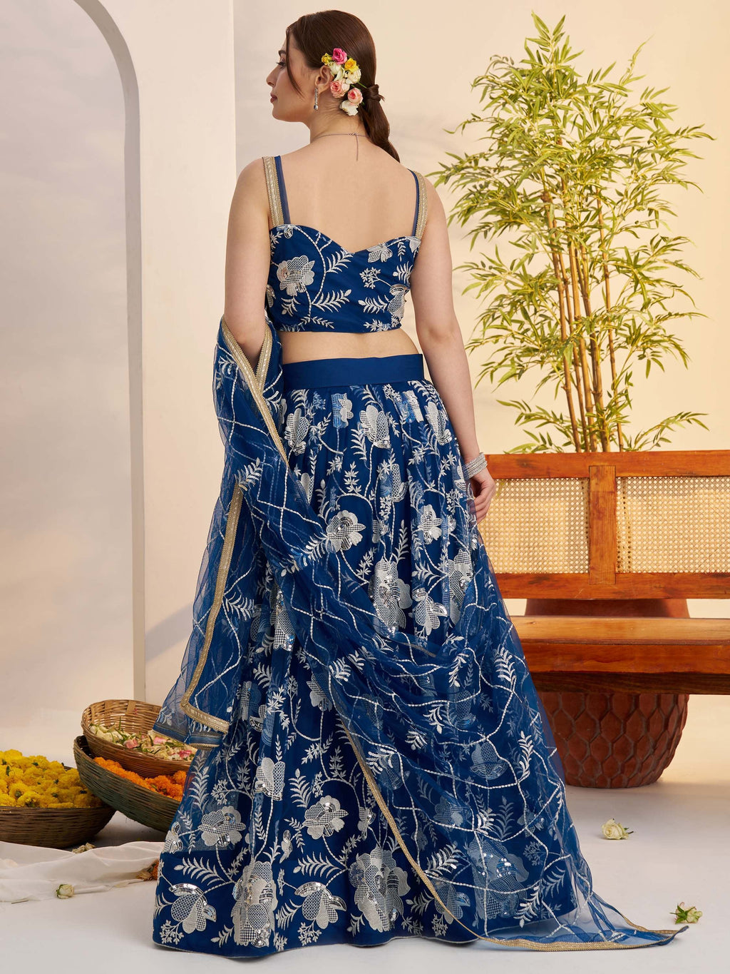 Awesome Teal Blue Thread Embroidered Net Party Wear Lehenga Choli