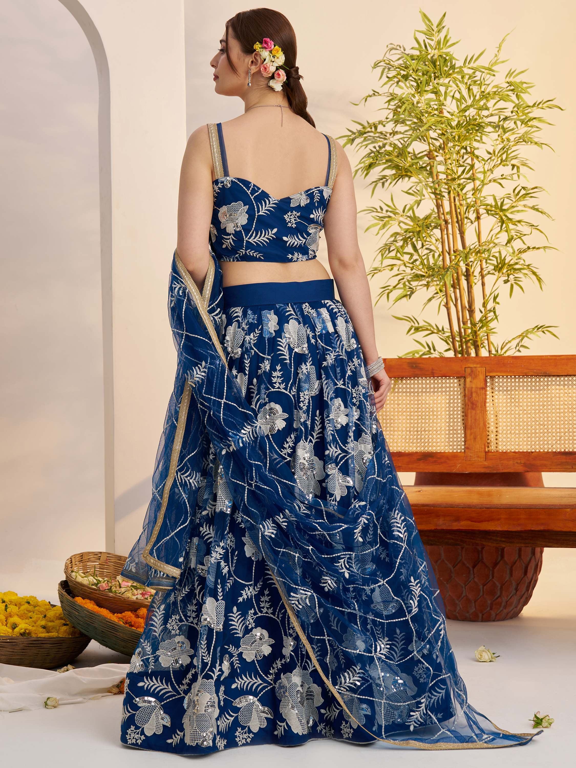 Awesome Teal Blue Thread Embroidered Net Party Wear Lehenga Choli