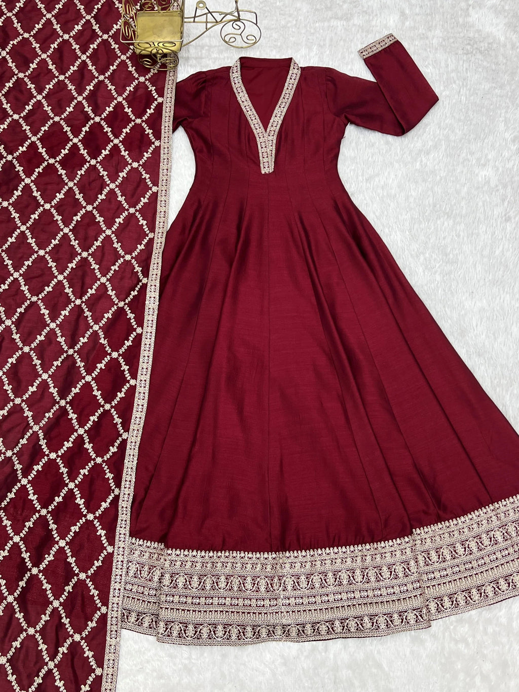 Glamorous Maroon Embroidered Silk Festival Wear Gown With Dupatta