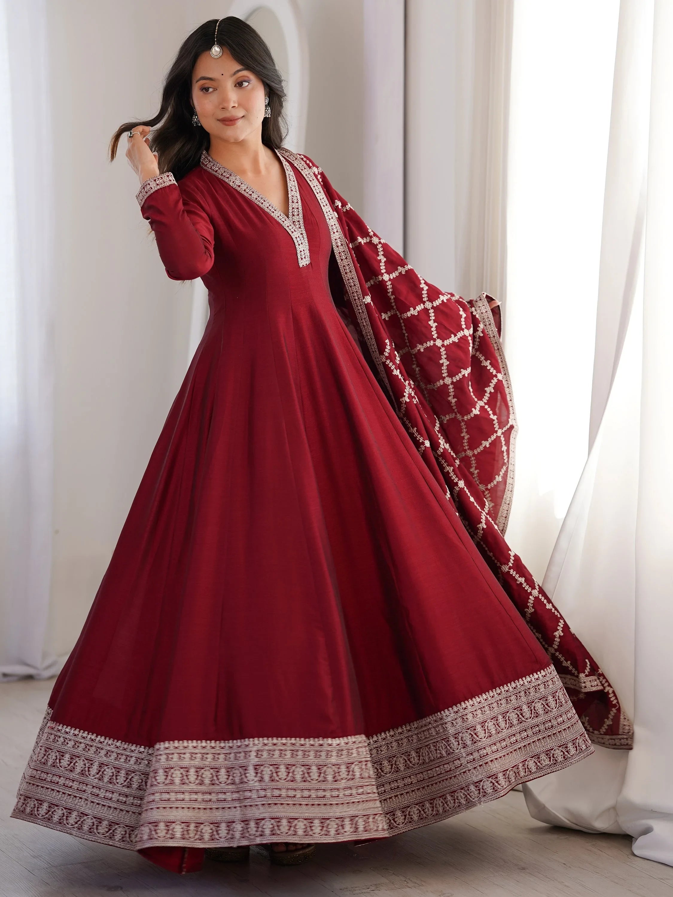 Glamorous Maroon Embroidered Silk Festival Wear Gown With Dupatta