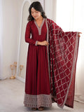 Glamorous Maroon Embroidered Silk Festival Wear Gown With Dupatta