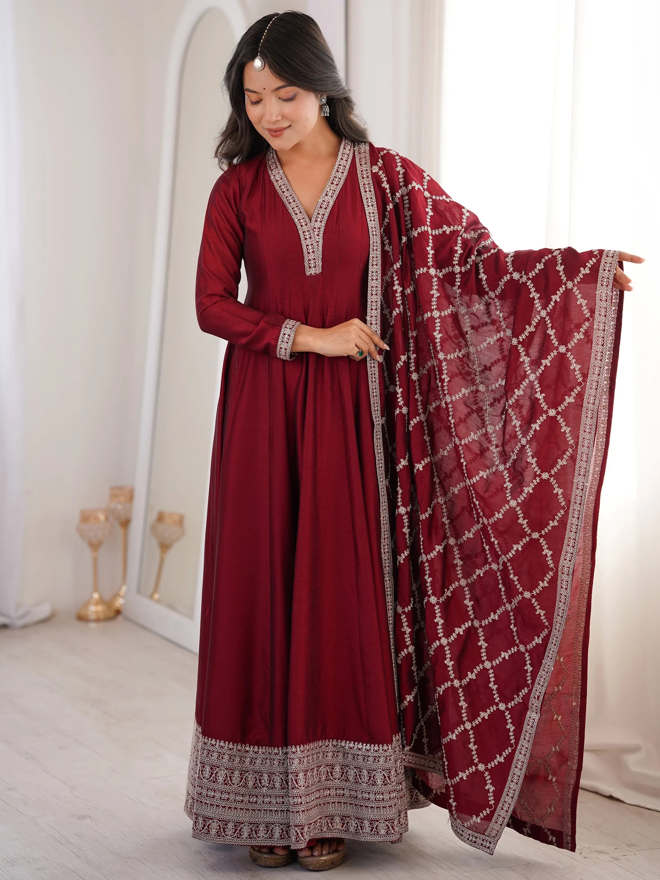 Glamorous Maroon Embroidered Silk Festival Wear Gown With Dupatta
