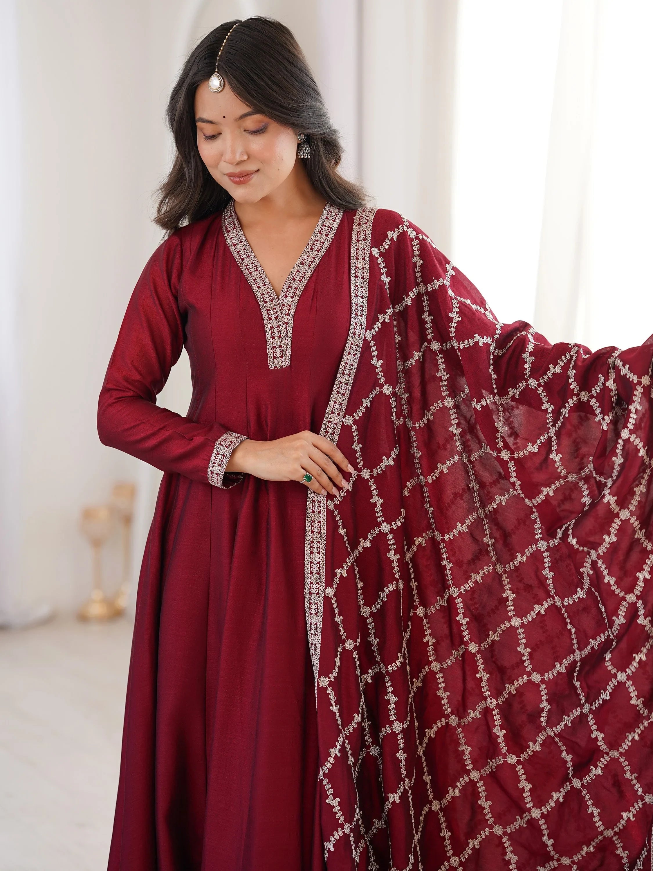 Glamorous Maroon Embroidered Silk Festival Wear Gown With Dupatta