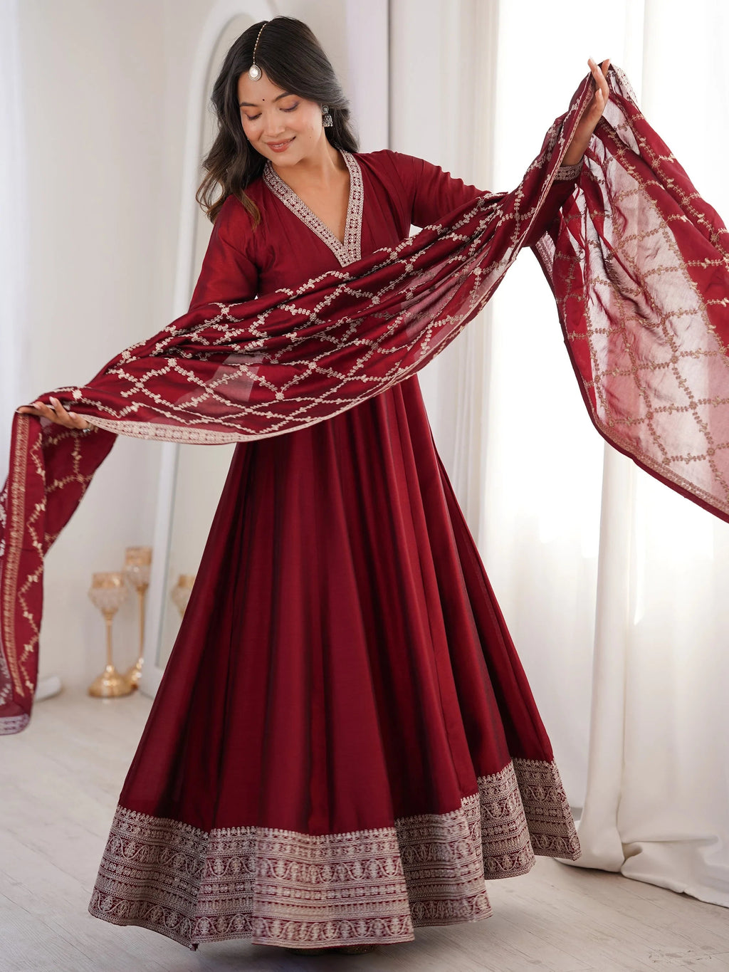 Glamorous Maroon Embroidered Silk Festival Wear Gown With Dupatta