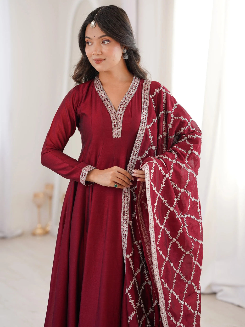 Glamorous Maroon Embroidered Silk Festival Wear Gown With Dupatta