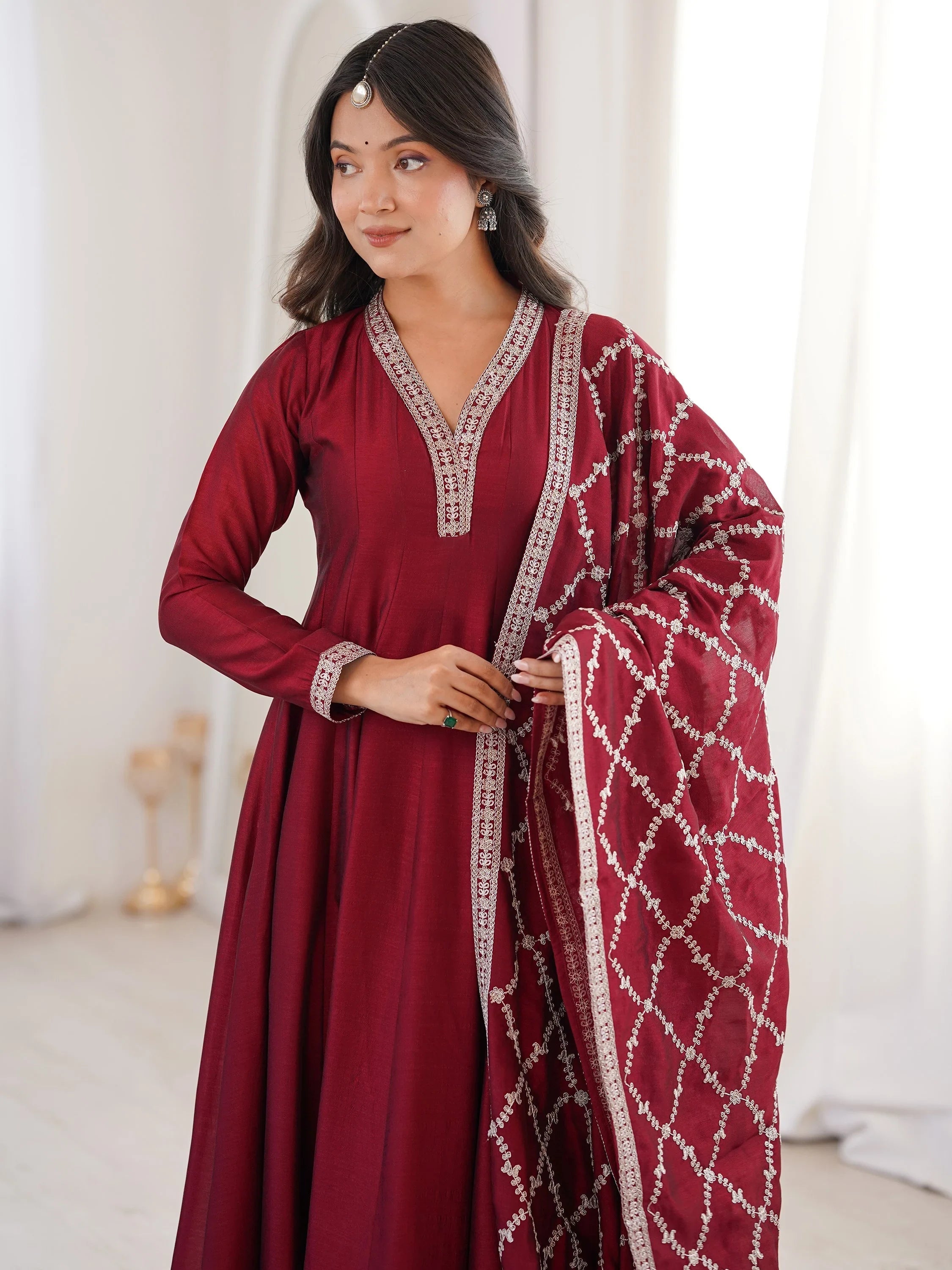 Glamorous Maroon Embroidered Silk Festival Wear Gown With Dupatta
