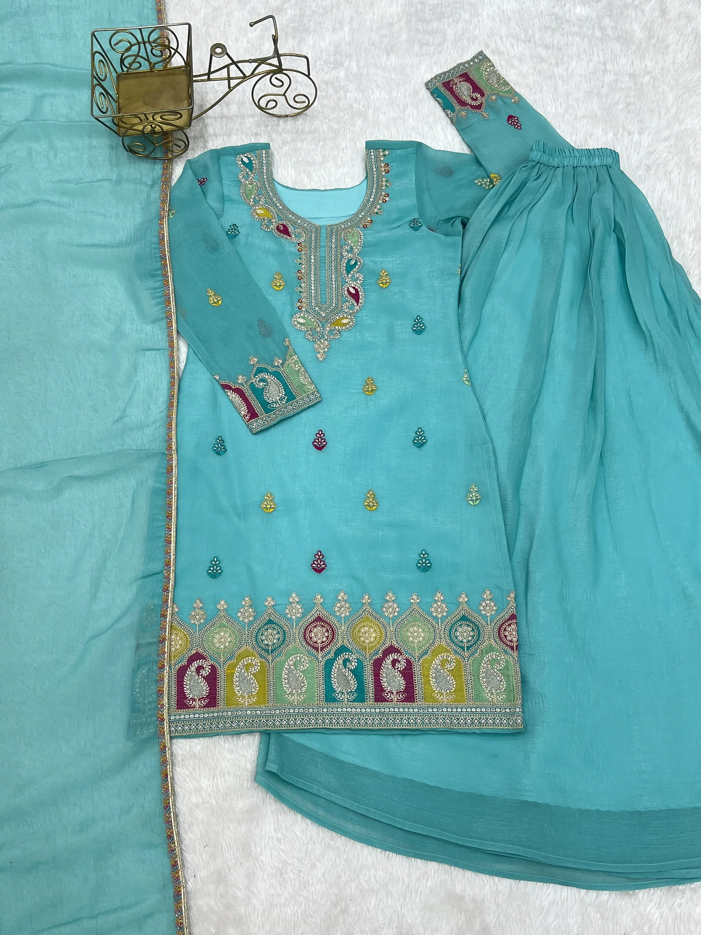 Gorgeous Sky Blue Zari Embroidered Silk Festival Wear Sharara Suit