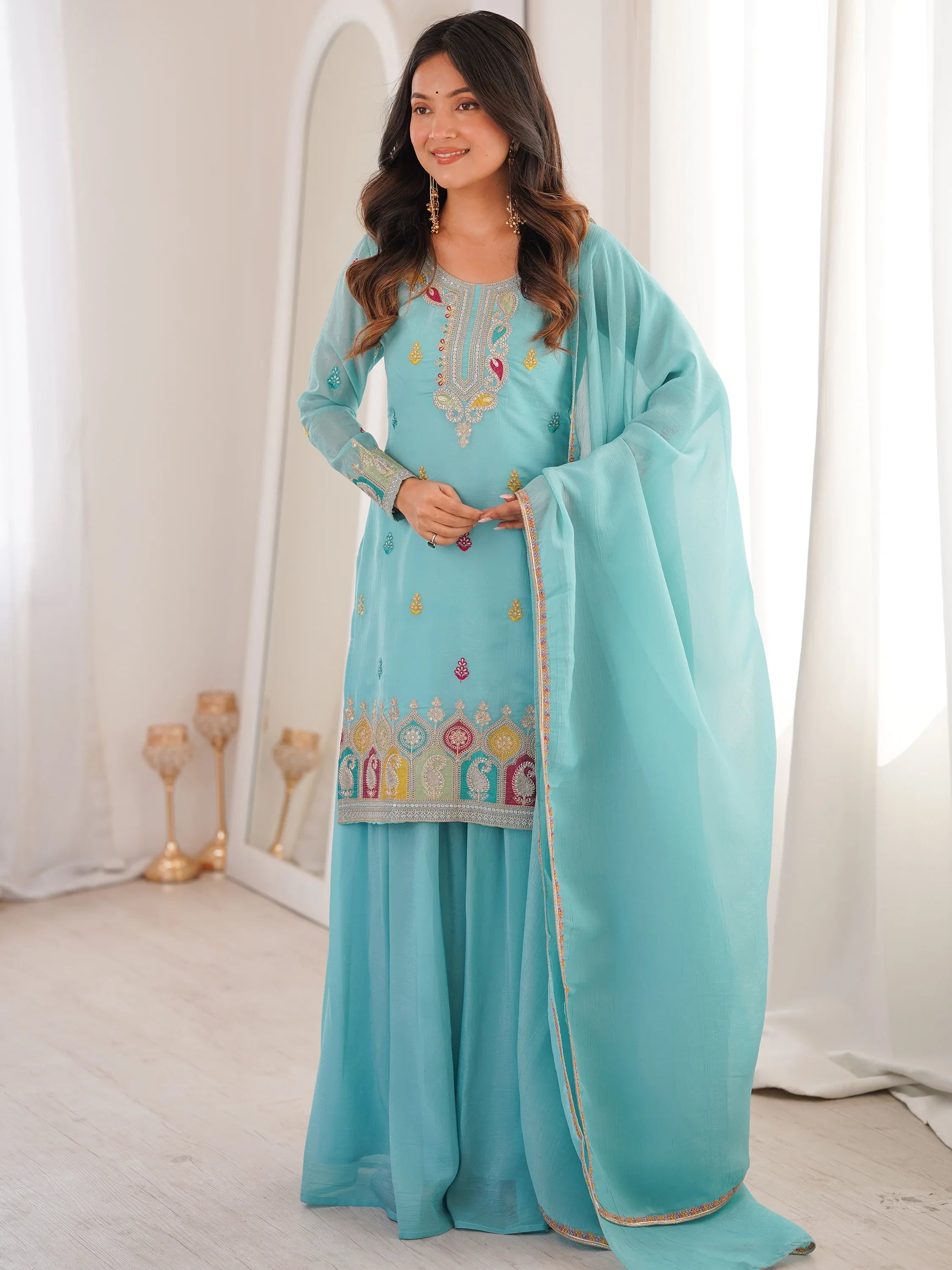 Gorgeous Sky Blue Zari Embroidered Silk Festival Wear Sharara Suit