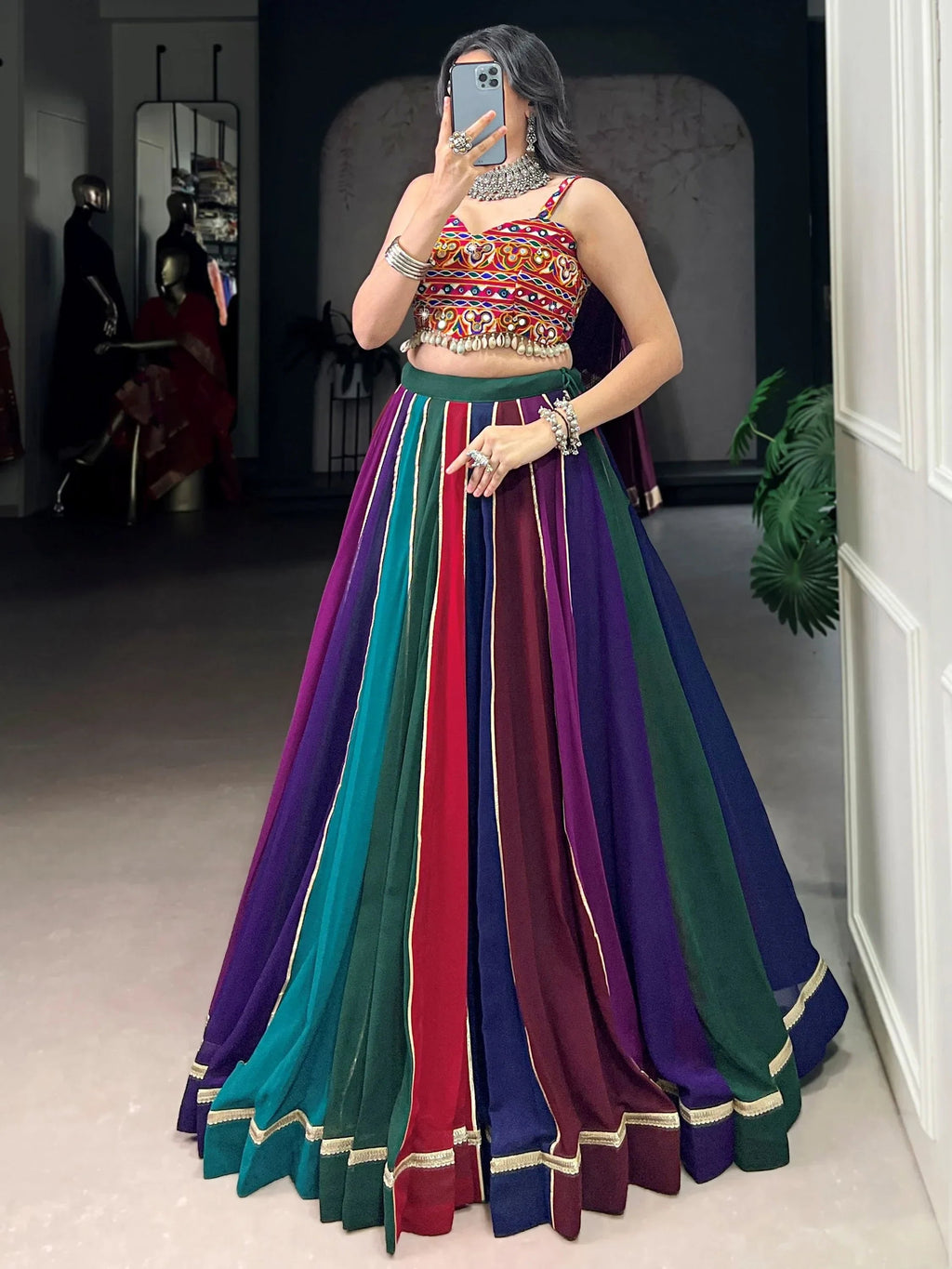 Wonderful Multi-Color Georgette Navratri Lehenga With Gamthi Work Choli