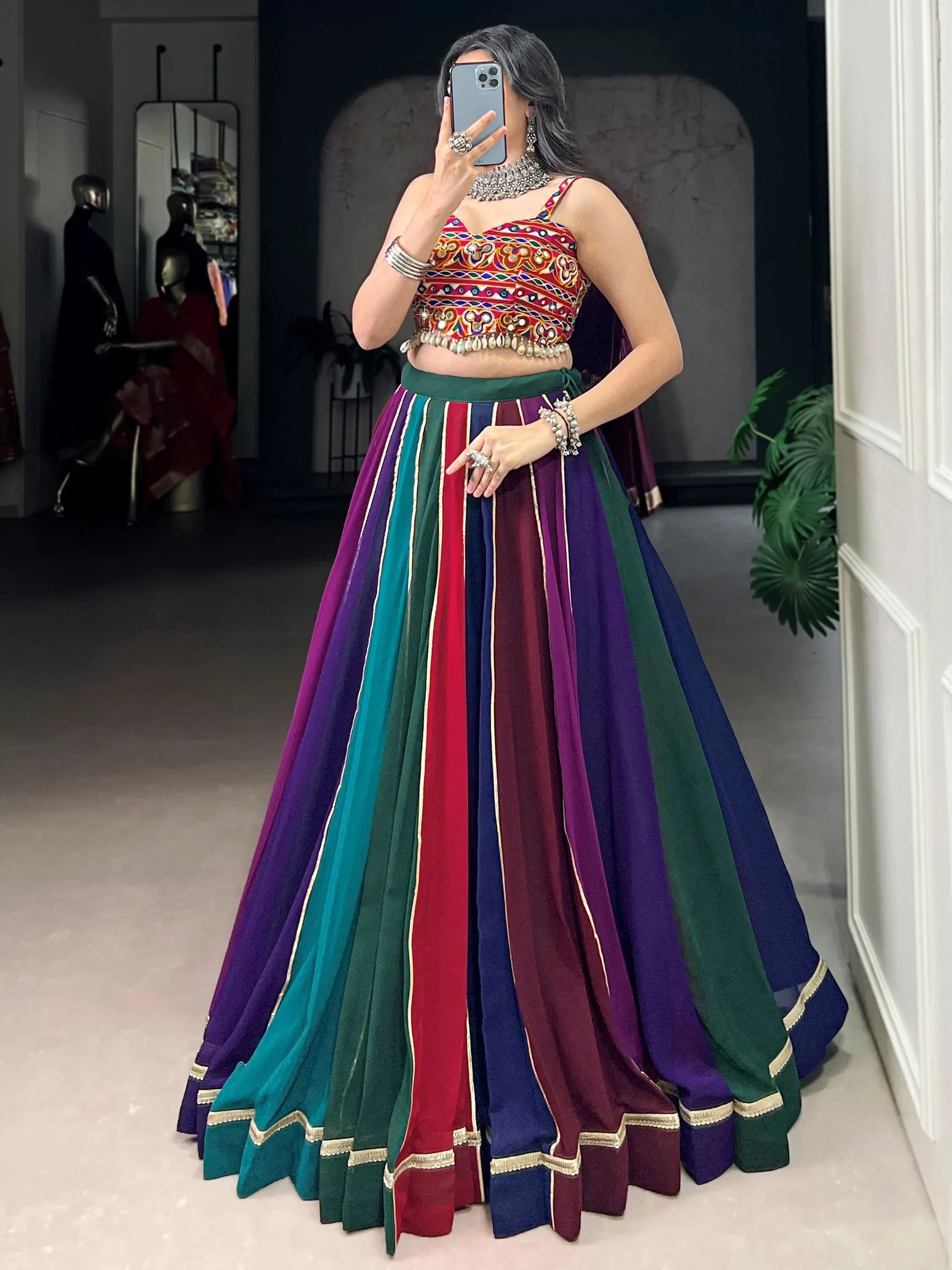Wonderful Multi-Color Georgette Navratri Lehenga With Gamthi Work Choli