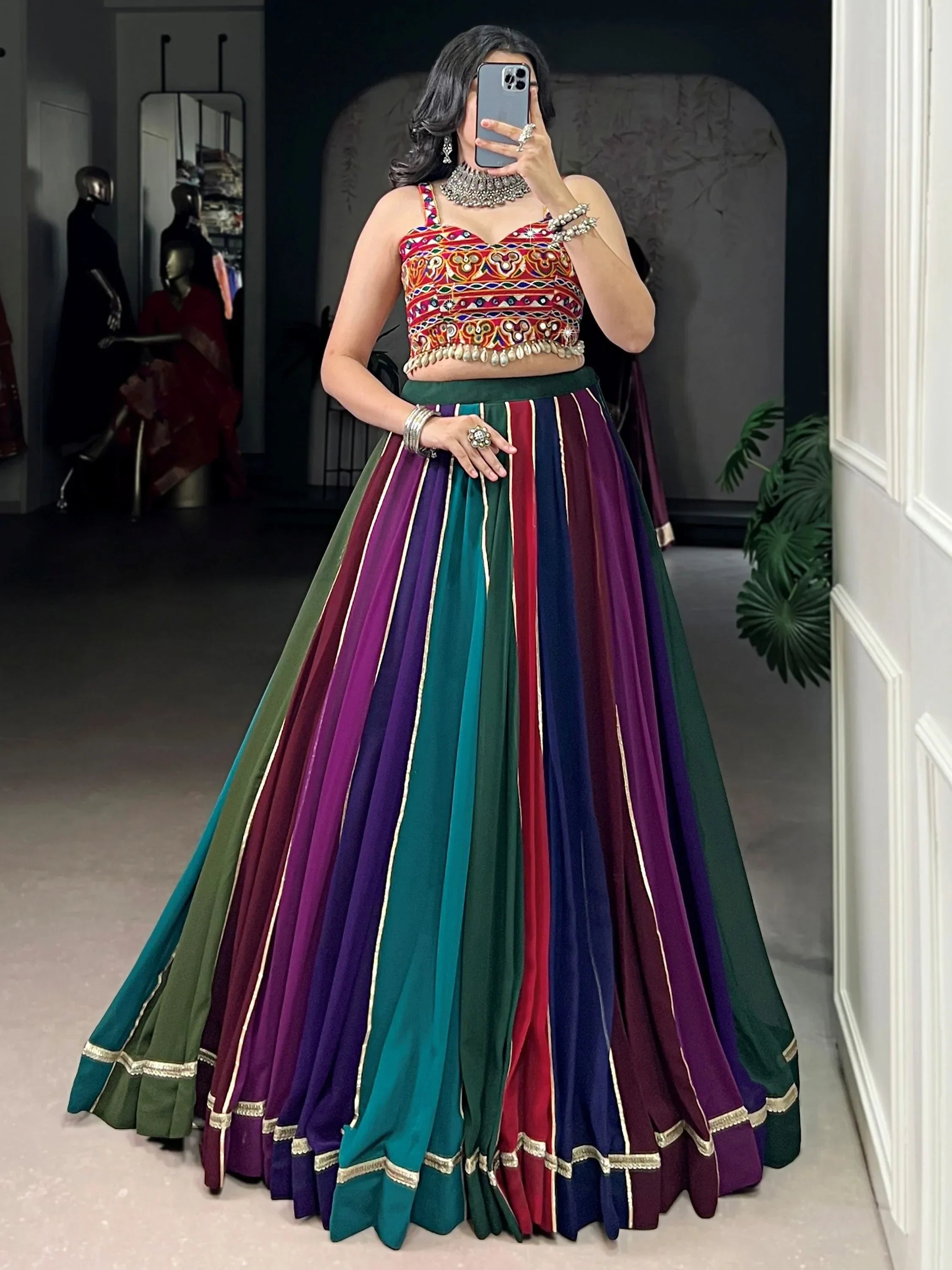 Wonderful Multi-Color Georgette Navratri Lehenga With Gamthi Work Choli