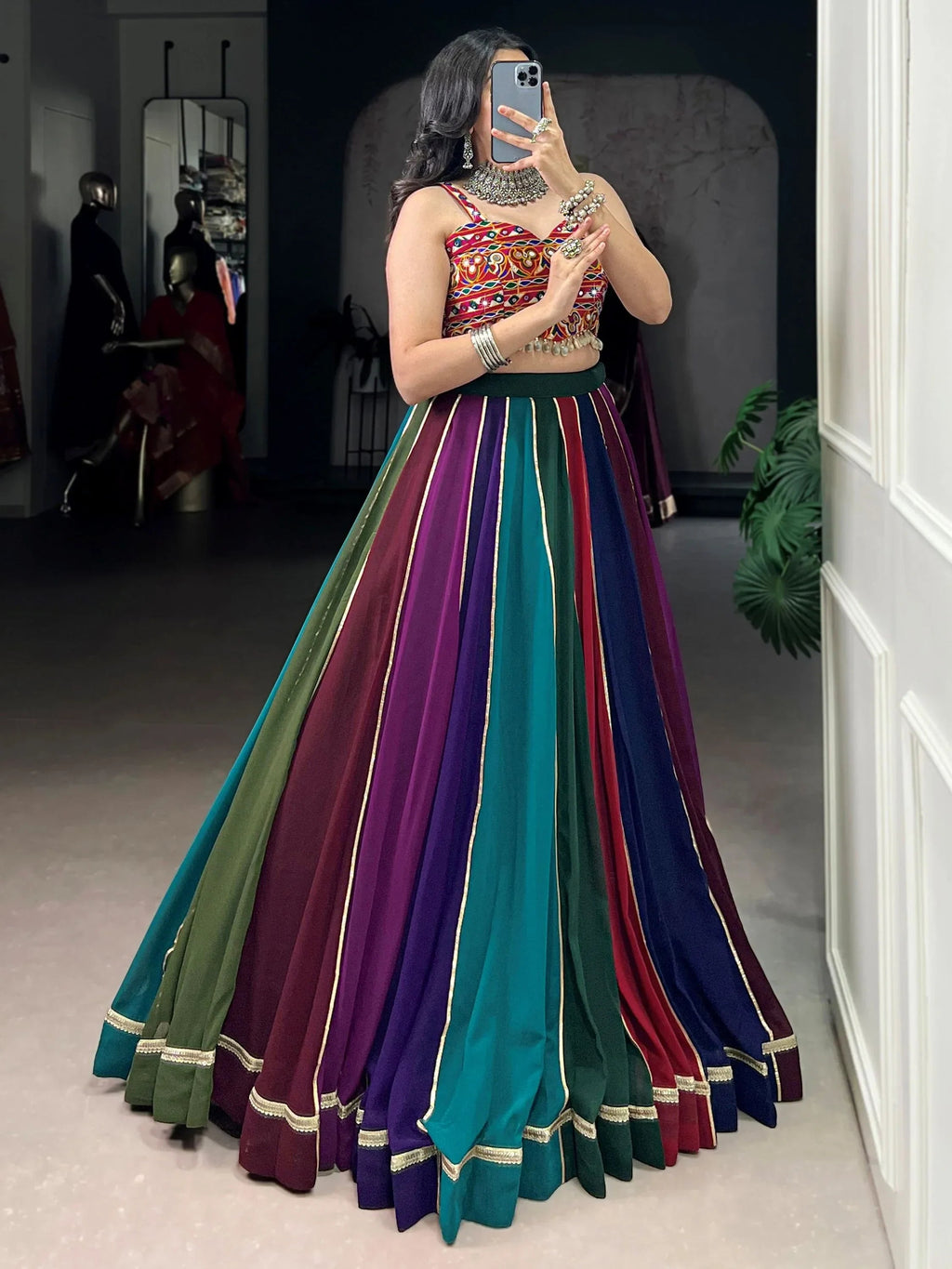Wonderful Multi-Color Georgette Navratri Lehenga With Gamthi Work Choli