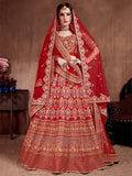 Red Embroidered Art Silk Bridal Lehenga Choli with Two Dupattas