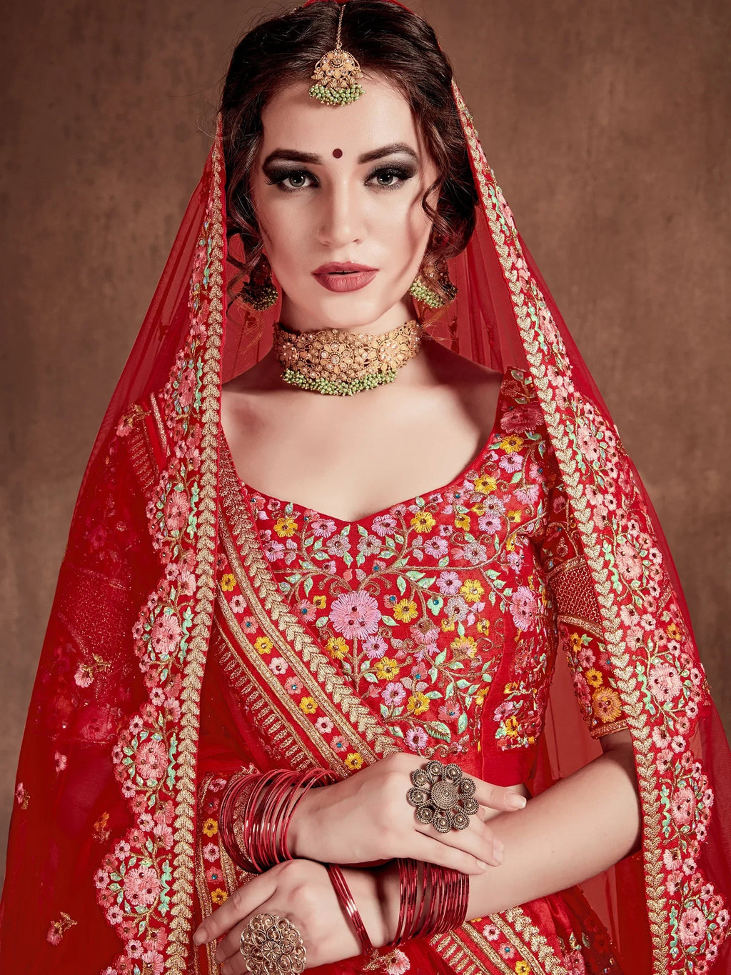 Red Embroidered Art Silk Bridal Lehenga Choli with Two Dupattas