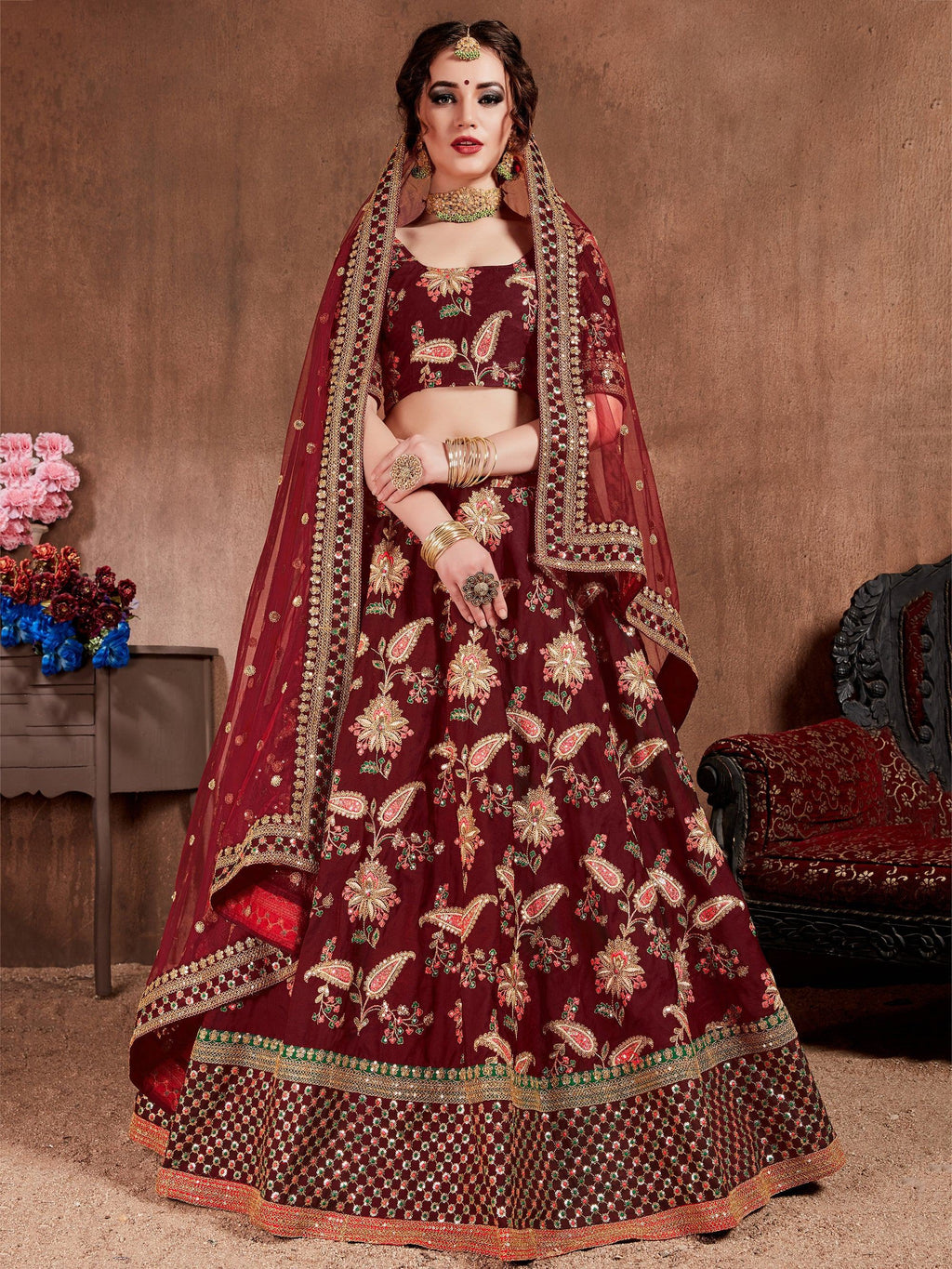 Maroon Embroidered Taffeta Bridal Wear Lehenga Choli
