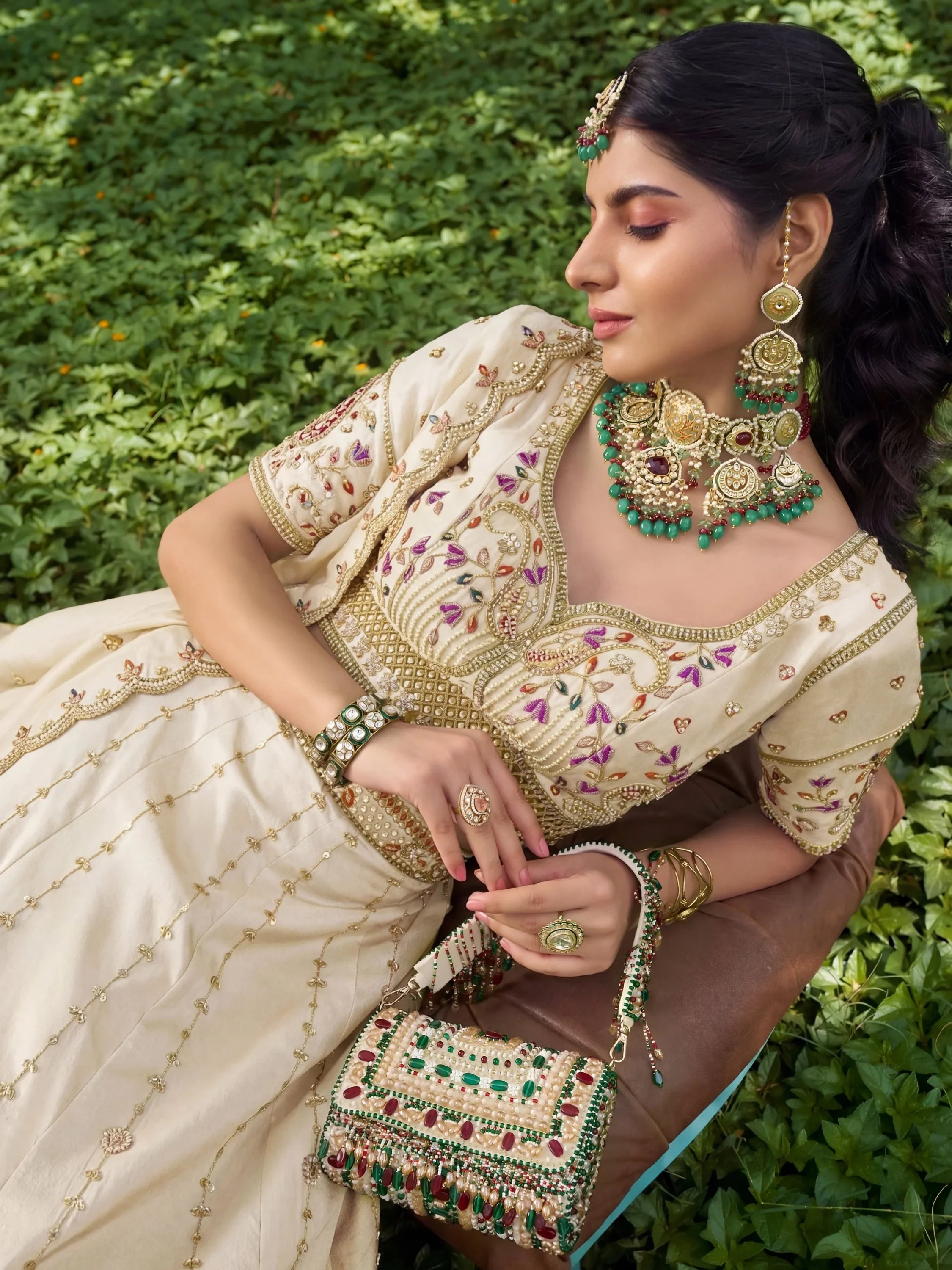 Notable Off White Bead Work Silk Wedding Wear Lehenga Choli