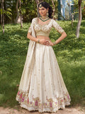 Notable Off White Bead Work Silk Wedding Wear Lehenga Choli