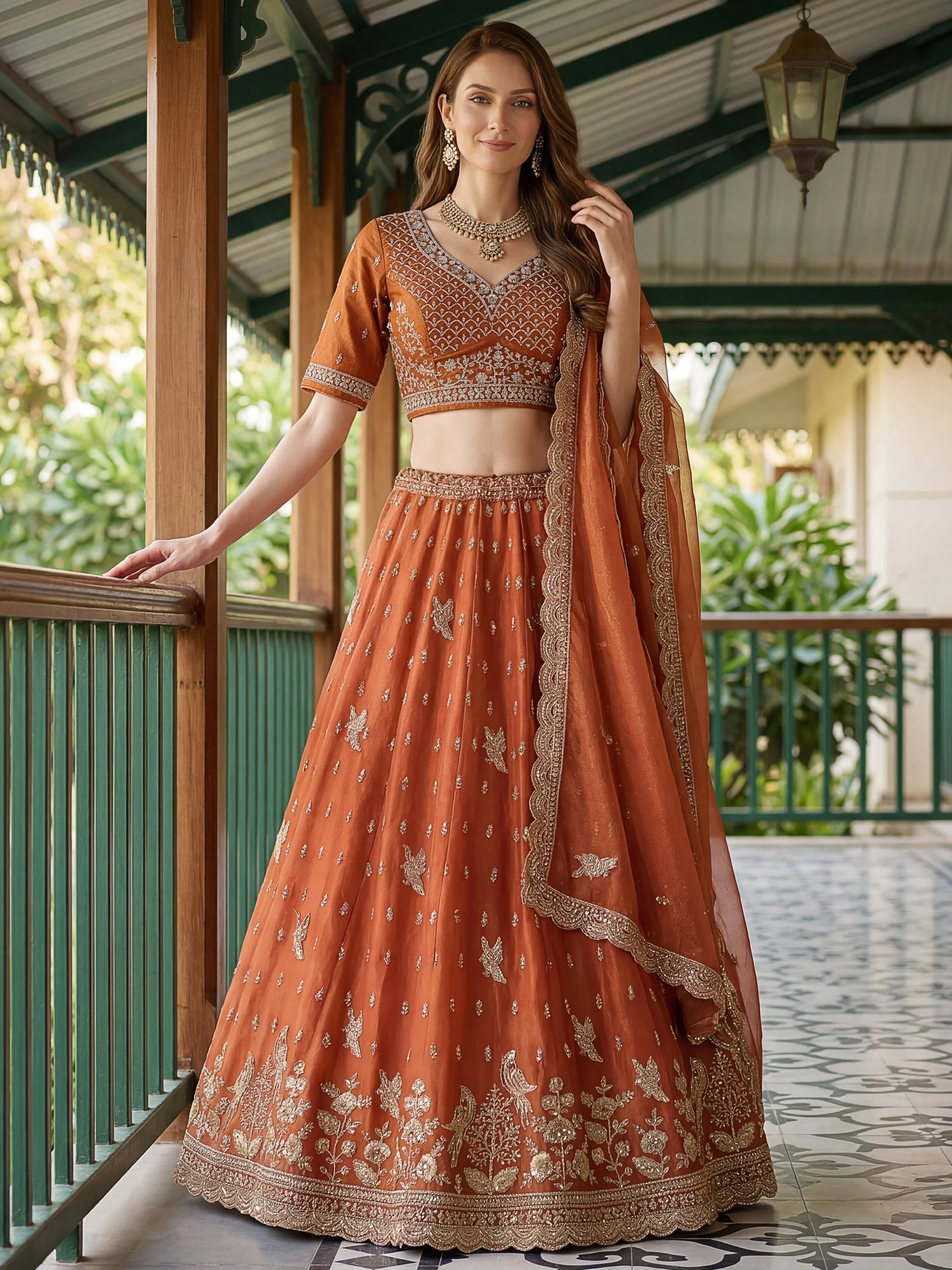 Rust Rich Diamond Work Organza Mehendi Wear Lehenga Choli