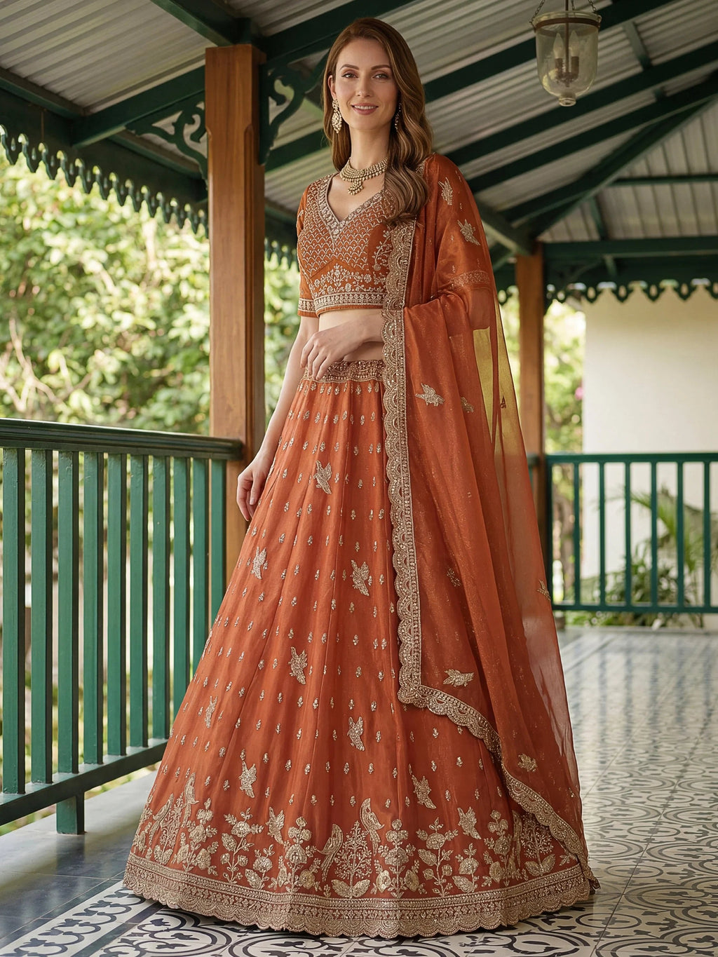 Rust Rich Diamond Work Organza Mehendi Wear Lehenga Choli
