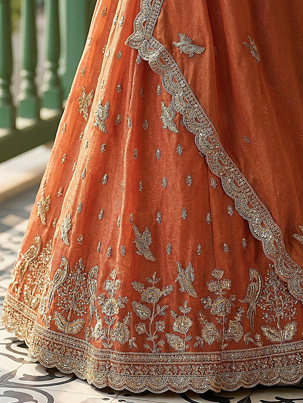 Rust Rich Diamond Work Organza Mehendi Wear Lehenga Choli