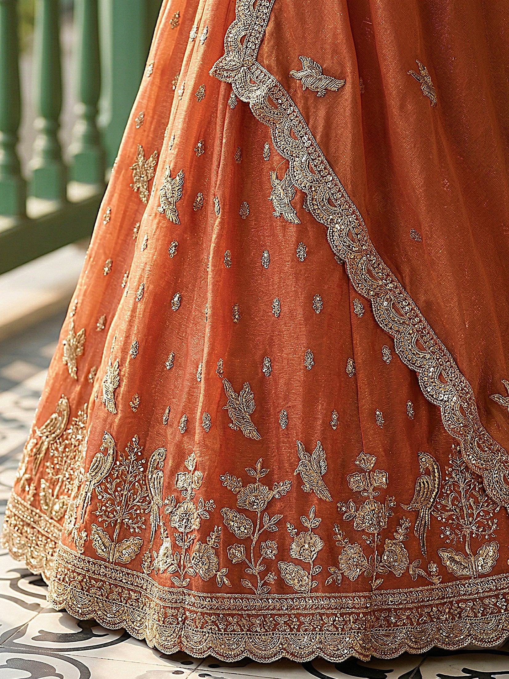 Rust Rich Diamond Work Organza Mehendi Wear Lehenga Choli
