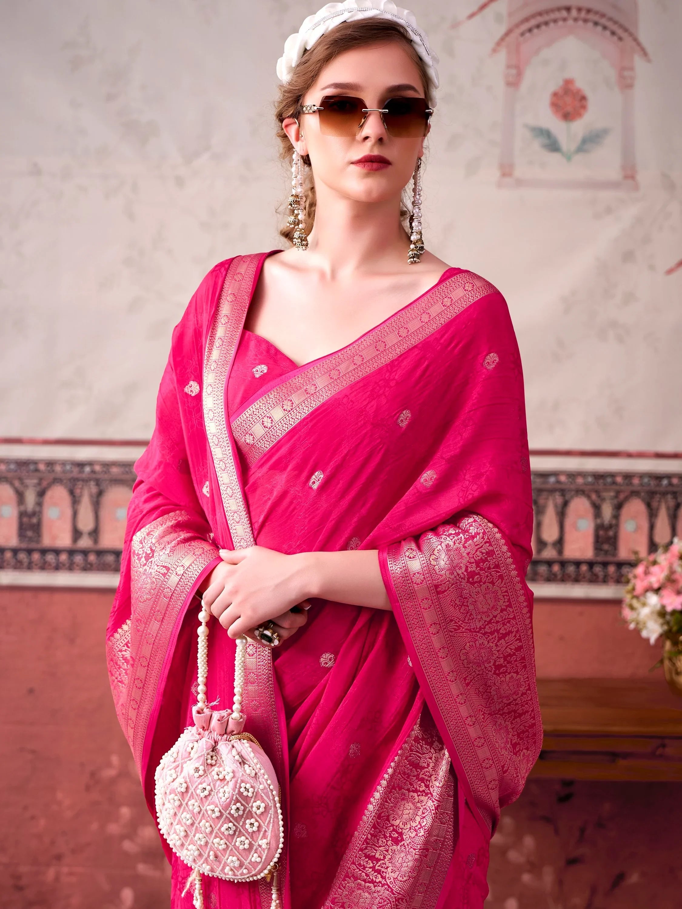 Pink Admirable Printed Chinon Haldi Wear Saree With Blouse